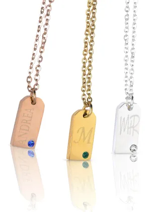 Tiny Name Tag Charm, Personalized Birthstone Necklace, Gold Name Tag Pendant, Monogram Initial, Custom Engraved, Mini Name Jewelry