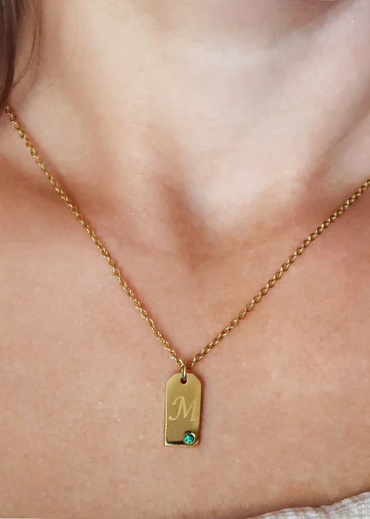 Tiny Name Tag Charm, Personalized Birthstone Necklace, Gold Name Tag Pendant, Monogram Initial, Custom Engraved, Mini Name Jewelry