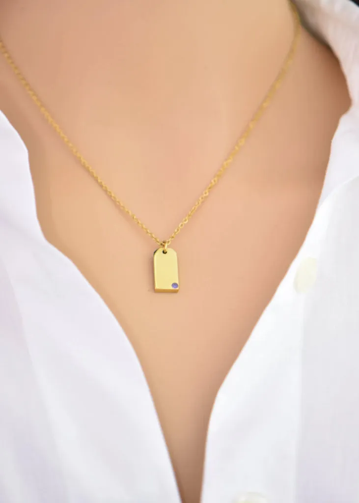 Tiny Name Tag Charm, Personalized Birthstone Necklace, Gold Name Tag Pendant, Monogram Initial, Custom Engraved, Mini Name Jewelry