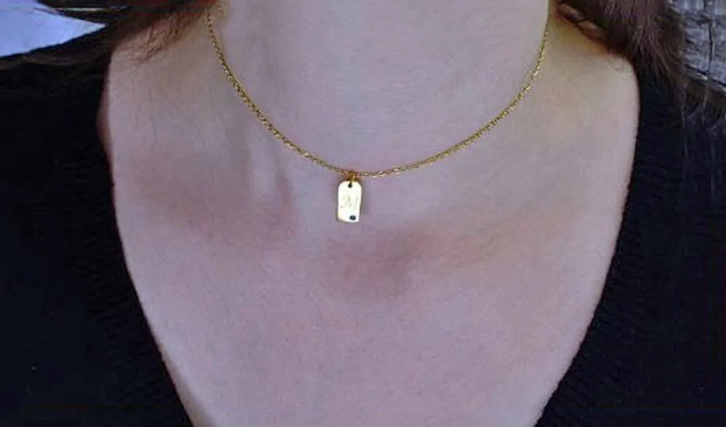 Tiny Name Tag Charm, Personalized Birthstone Necklace, Gold Name Tag Pendant, Monogram Initial, Custom Engraved, Mini Name Jewelry
