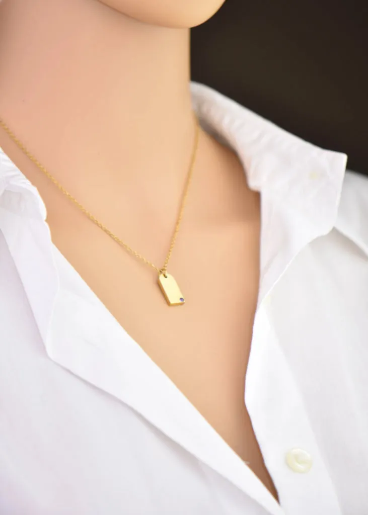 Tiny Name Tag Charm, Personalized Birthstone Necklace, Gold Name Tag Pendant, Monogram Initial, Custom Engraved, Mini Name Jewelry