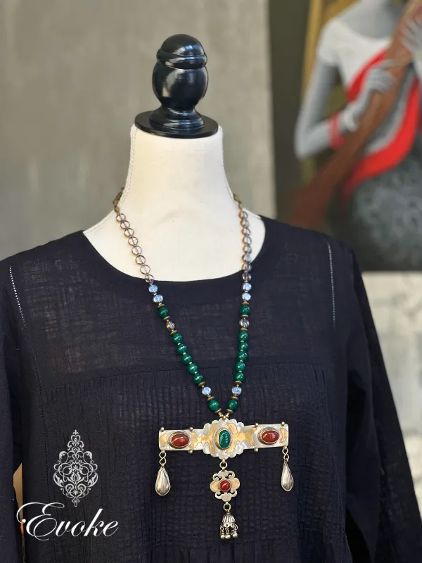 Turkmen Pendant with Carnelian & Green Onyx and Green Agate Necklace
