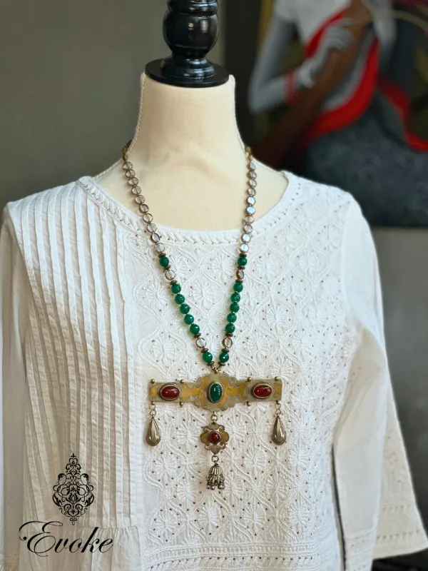 Turkmen Pendant with Carnelian & Green Onyx and Green Agate Necklace