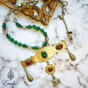 Turkmen Pendant with Carnelian & Green Onyx and Green Agate Necklace