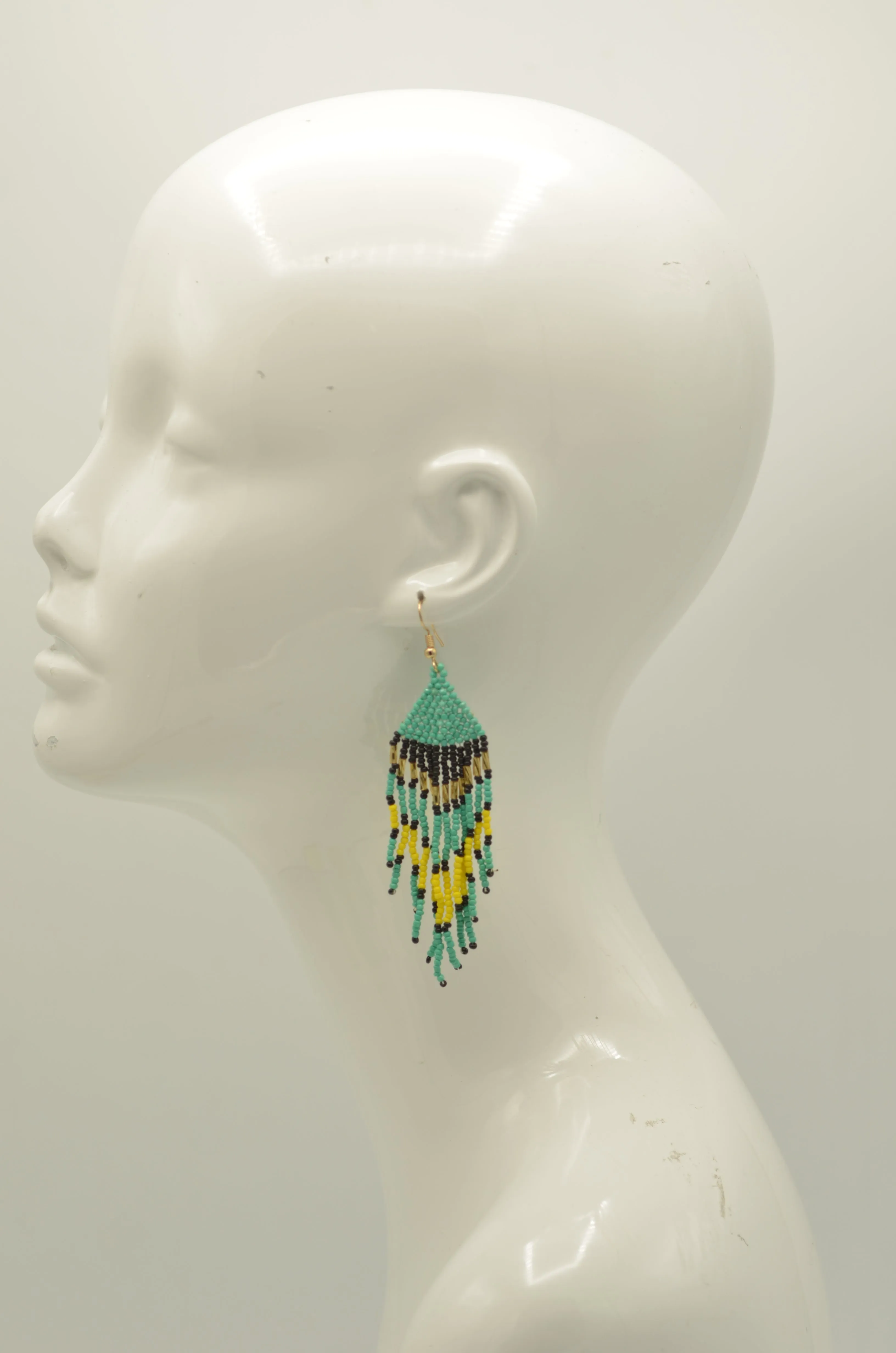 Turquoise, Black, Yellow, and Gold Bohemian Seed Bead Long Tassel Earrings #SH-ER-1211