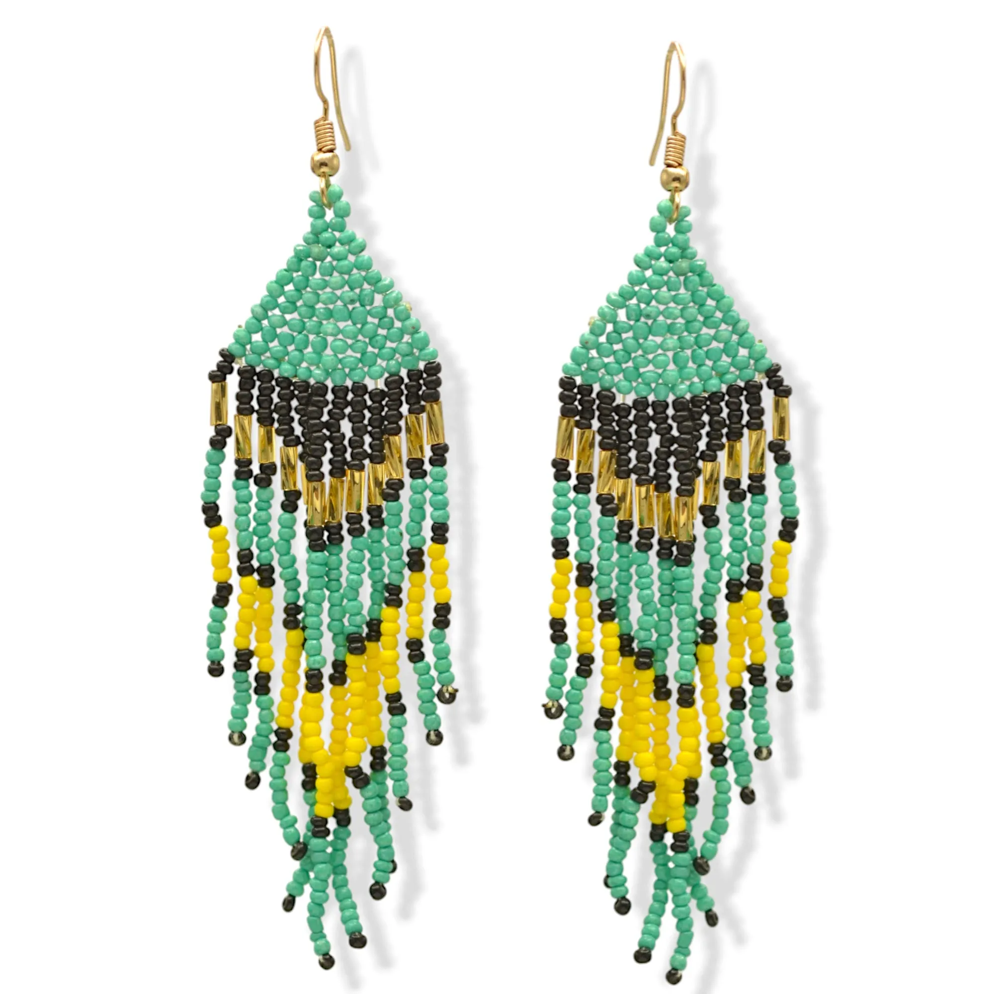 Turquoise, Black, Yellow, and Gold Bohemian Seed Bead Long Tassel Earrings #SH-ER-1211