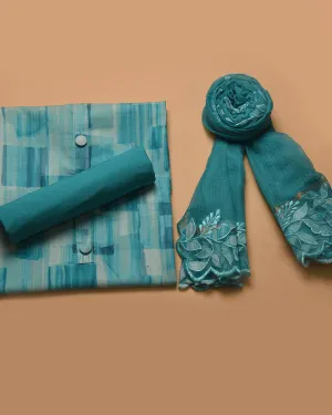 Turquoise Cotton Glazed Printed Unstitched Suit Fabric Set With Kota Embroidered Dupatta