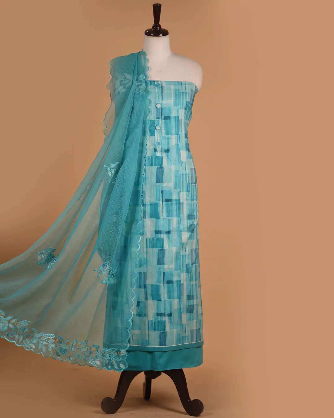 Turquoise Cotton Glazed Printed Unstitched Suit Fabric Set With Kota Embroidered Dupatta