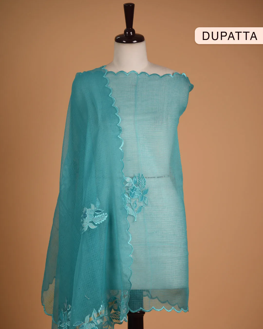 Turquoise Cotton Glazed Printed Unstitched Suit Fabric Set With Kota Embroidered Dupatta