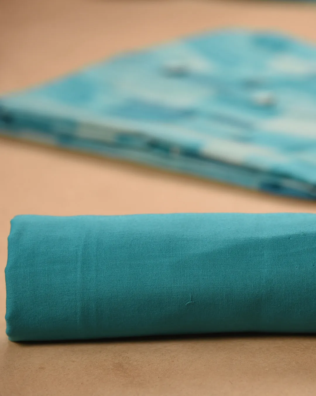 Turquoise Cotton Glazed Printed Unstitched Suit Fabric Set With Kota Embroidered Dupatta