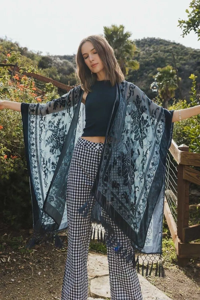 Velvet Burnout Kimono Cardigan with Bohemian Cherry Blossom Flower Pattern and Tassel Duster for Spring summer