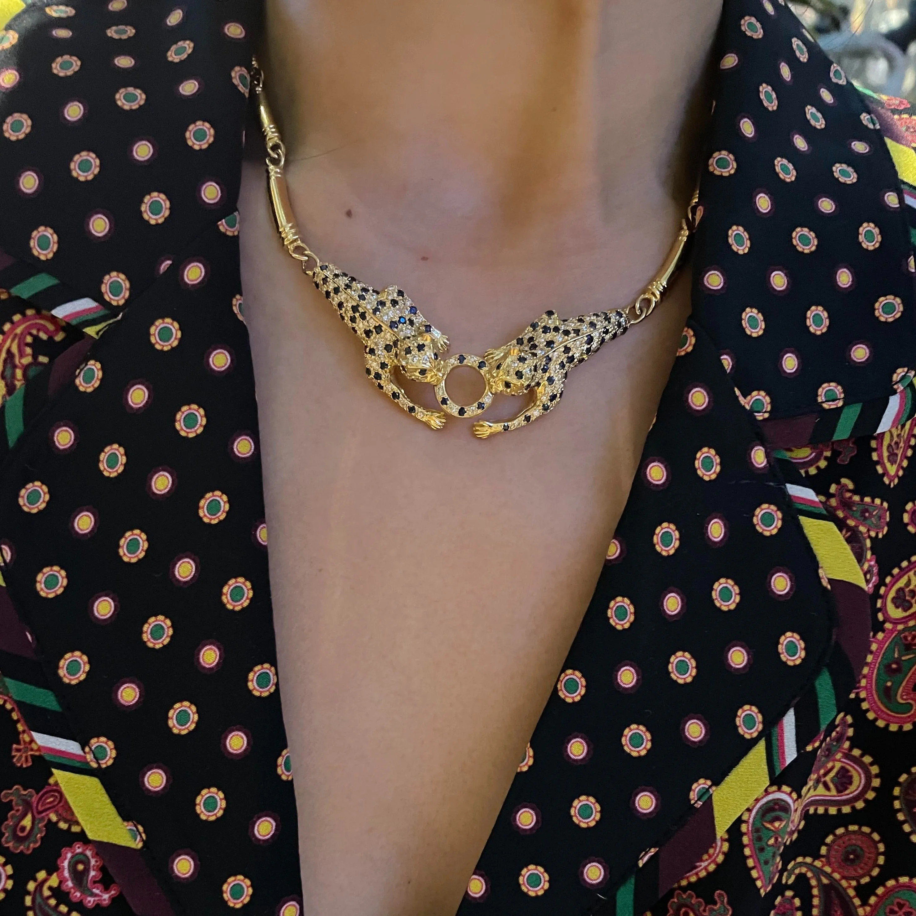 Vintage 18k Diamond   Sapphire Leopard Collar