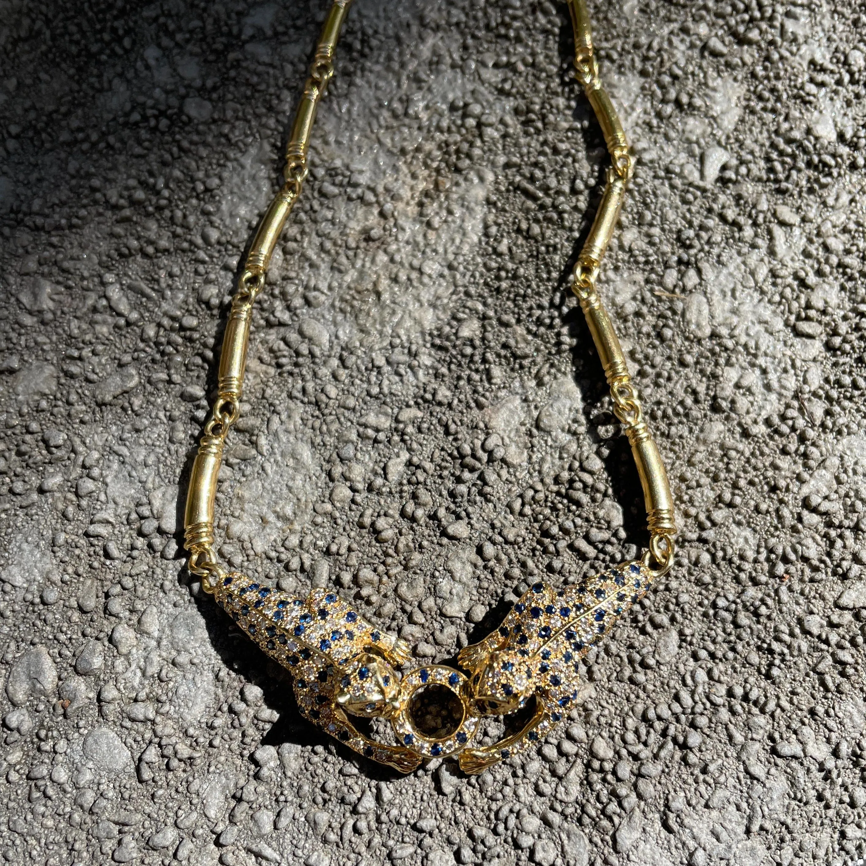 Vintage 18k Diamond   Sapphire Leopard Collar