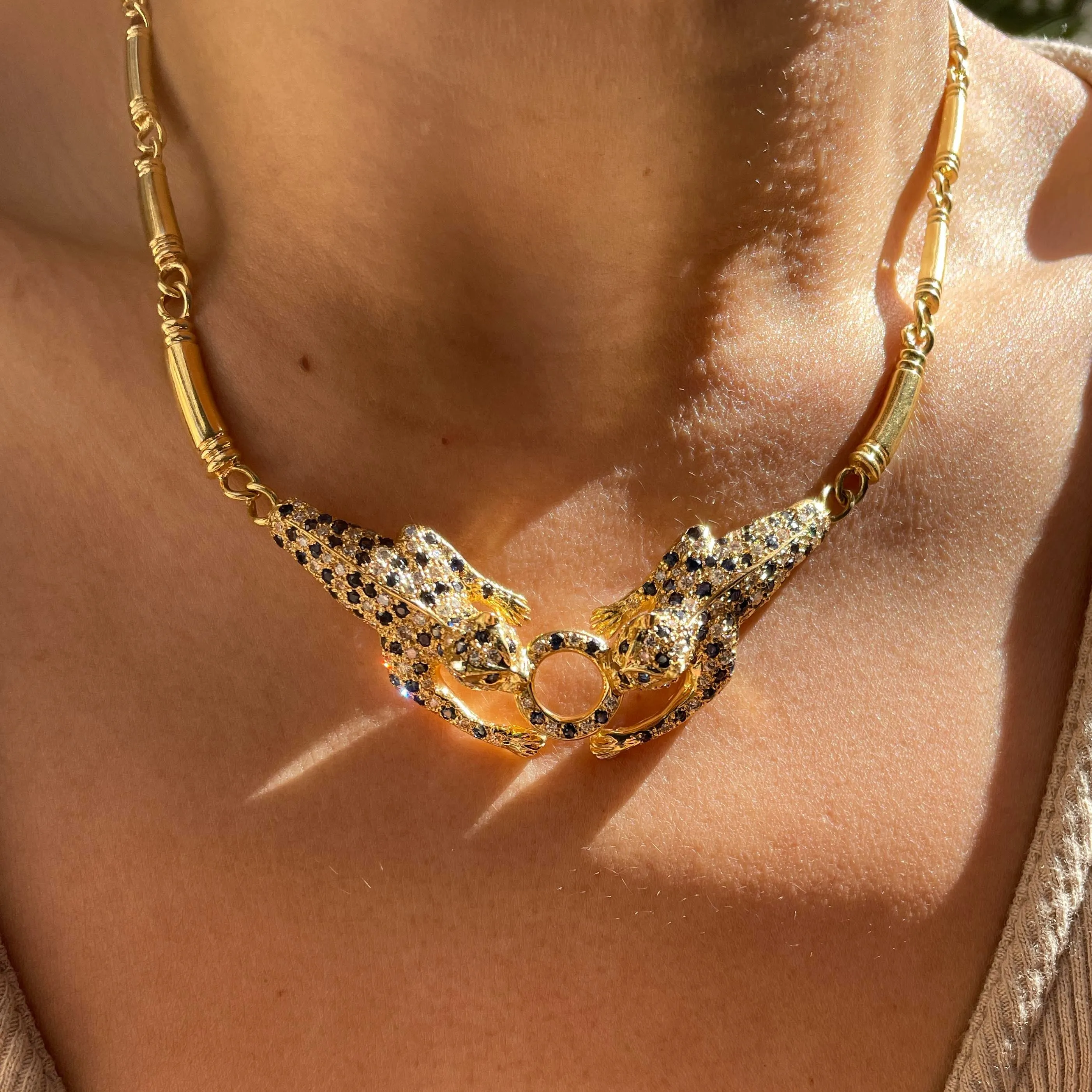 Vintage 18k Diamond   Sapphire Leopard Collar