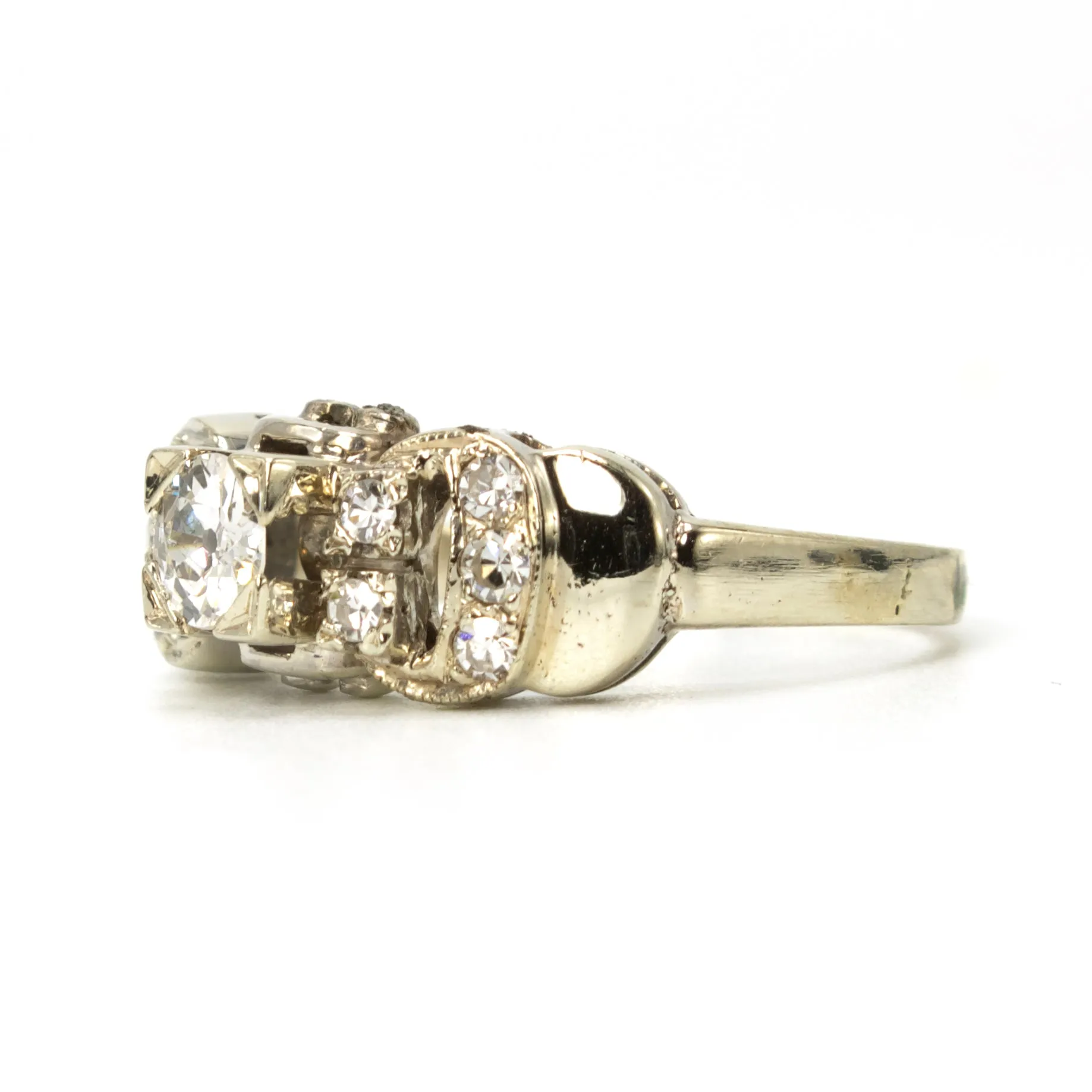 Vintage 1940s Buckle Motif Diamond Ring in 18K White Gold