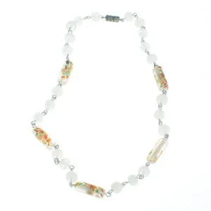 Vintage 1940s Frosted Glass Bead Necklace embossed with Colorful Flowers