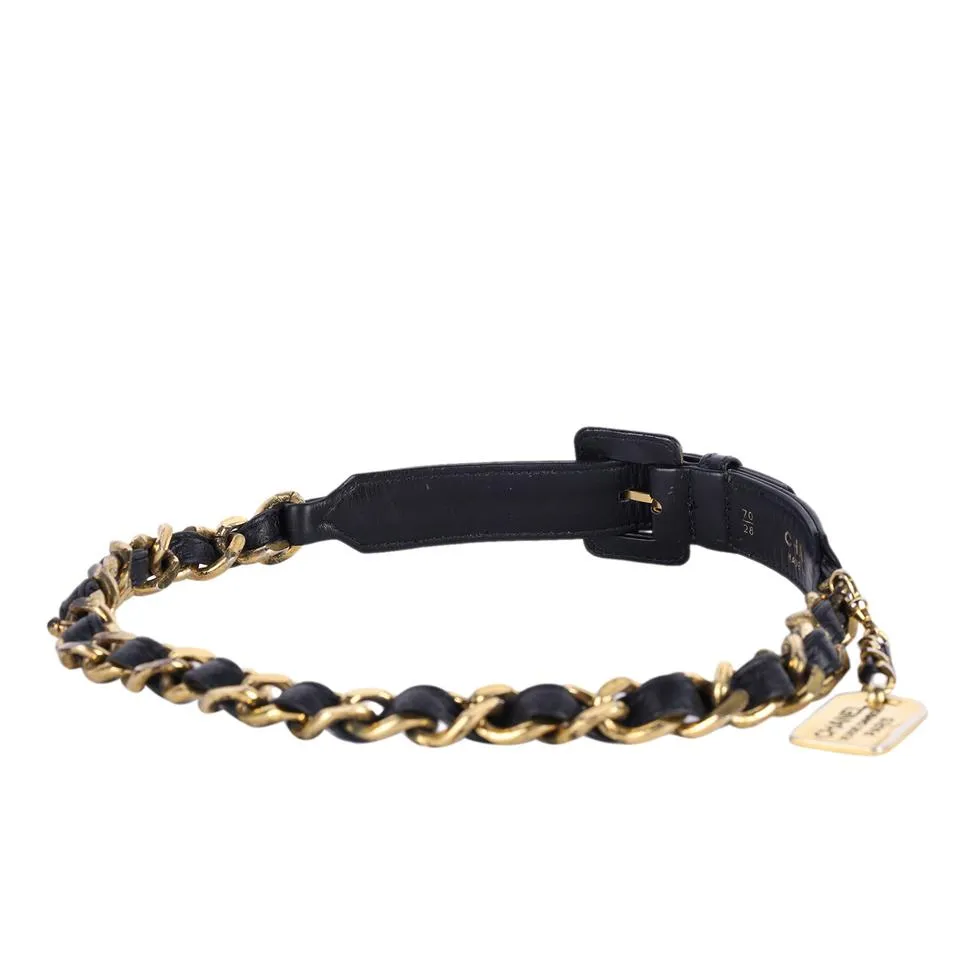 Vintage Black Leather Gold Chain Belt XS