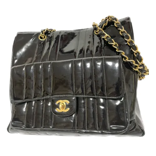 Vintage CHANEL 2.55 combo design black patent enamel chain shoulder bag with vertical stiches and golden CC closure hock. 050815ac2