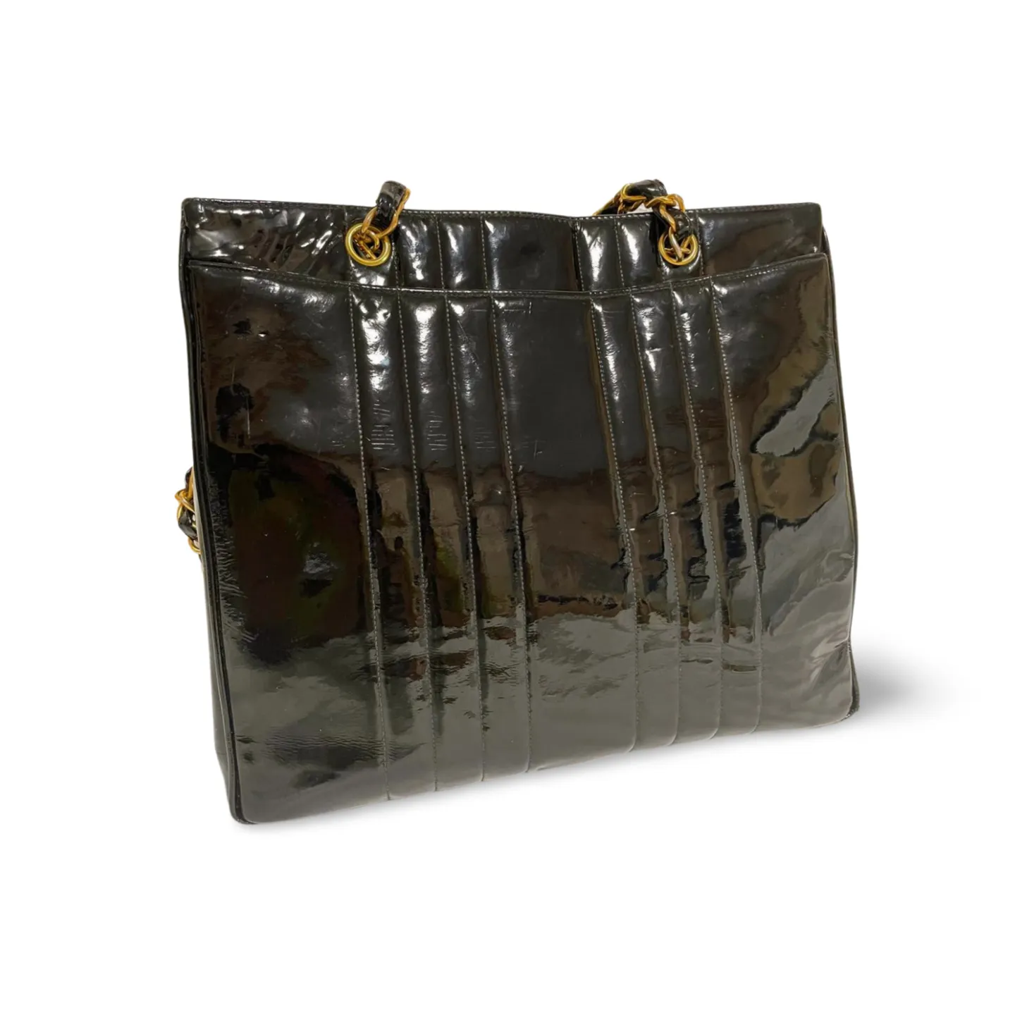 Vintage CHANEL 2.55 combo design black patent enamel chain shoulder bag with vertical stiches and golden CC closure hock. 050815ac2