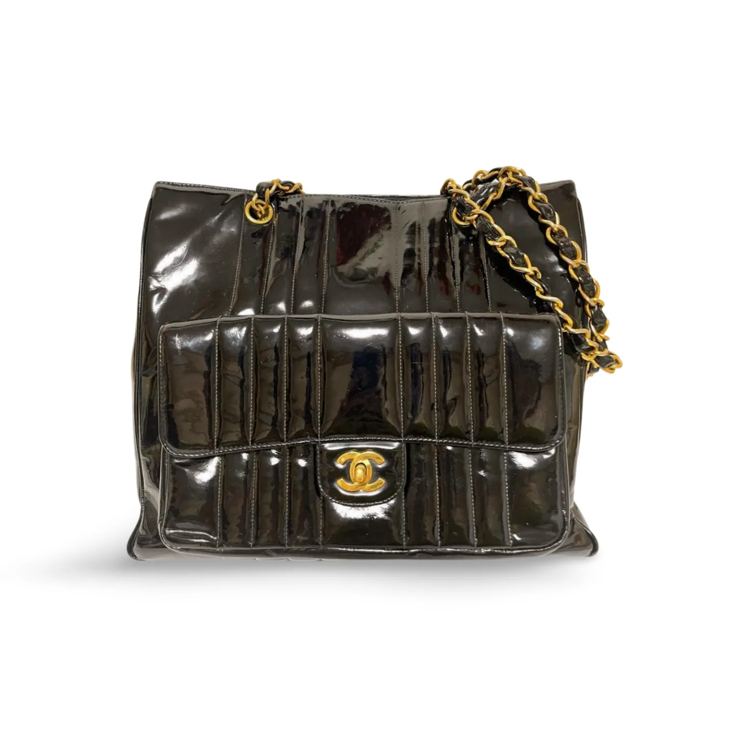 Vintage CHANEL 2.55 combo design black patent enamel chain shoulder bag with vertical stiches and golden CC closure hock. 050815ac2