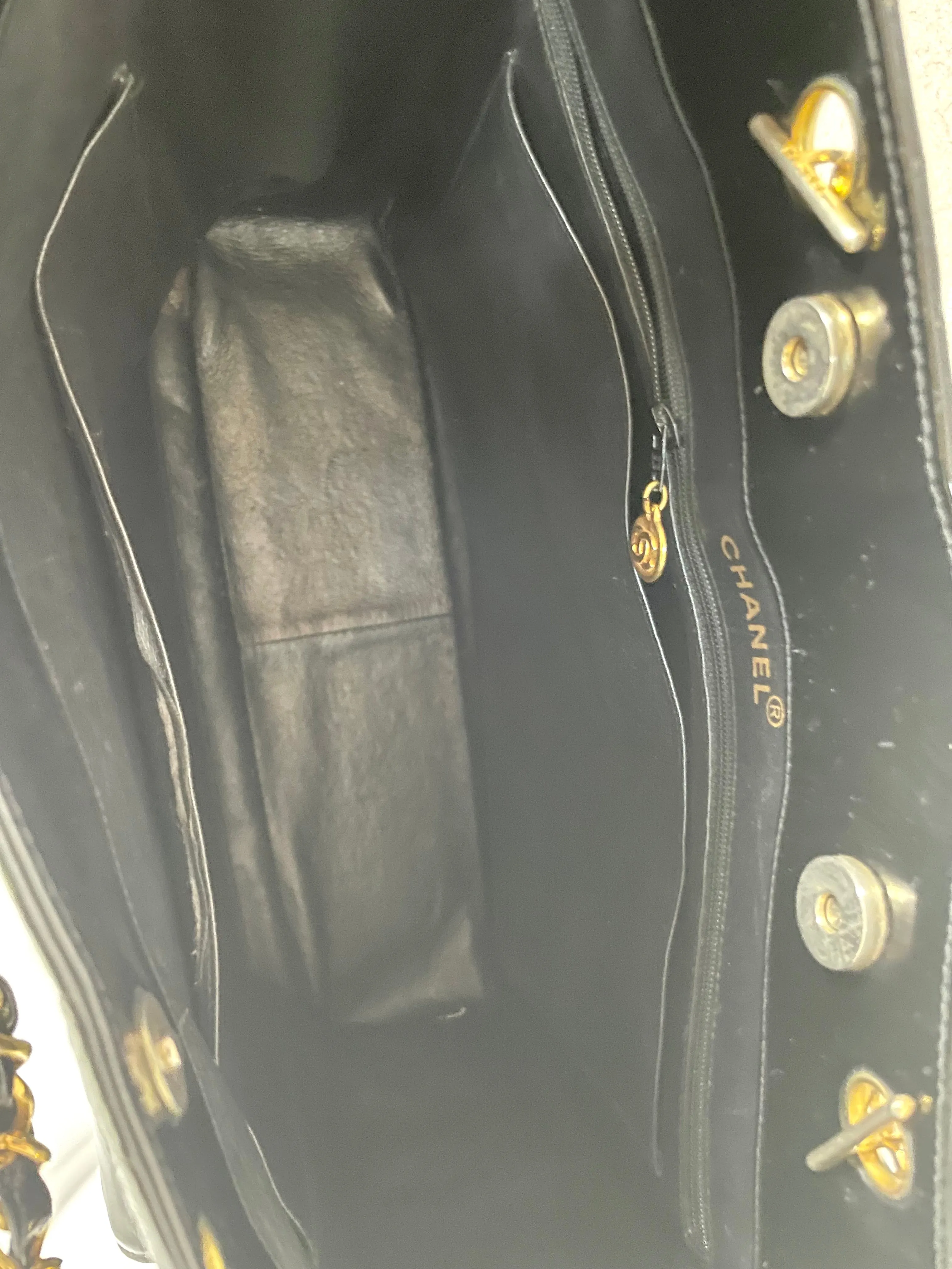 Vintage CHANEL 2.55 combo design black patent enamel chain shoulder bag with vertical stiches and golden CC closure hock. 050815ac2