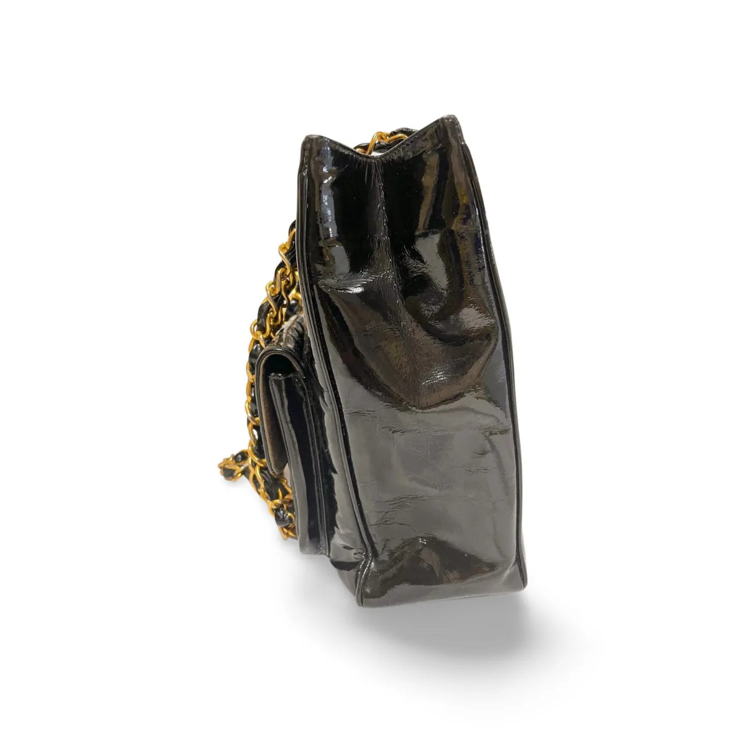 Vintage CHANEL 2.55 combo design black patent enamel chain shoulder bag with vertical stiches and golden CC closure hock. 050815ac2