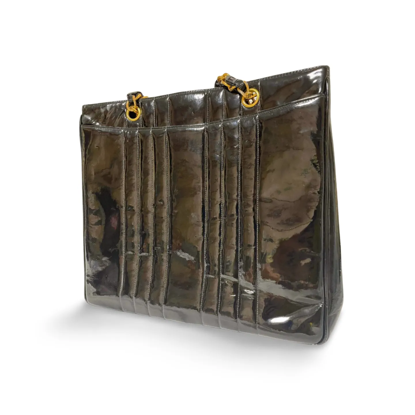 Vintage CHANEL 2.55 combo design black patent enamel chain shoulder bag with vertical stiches and golden CC closure hock. 050815ac2