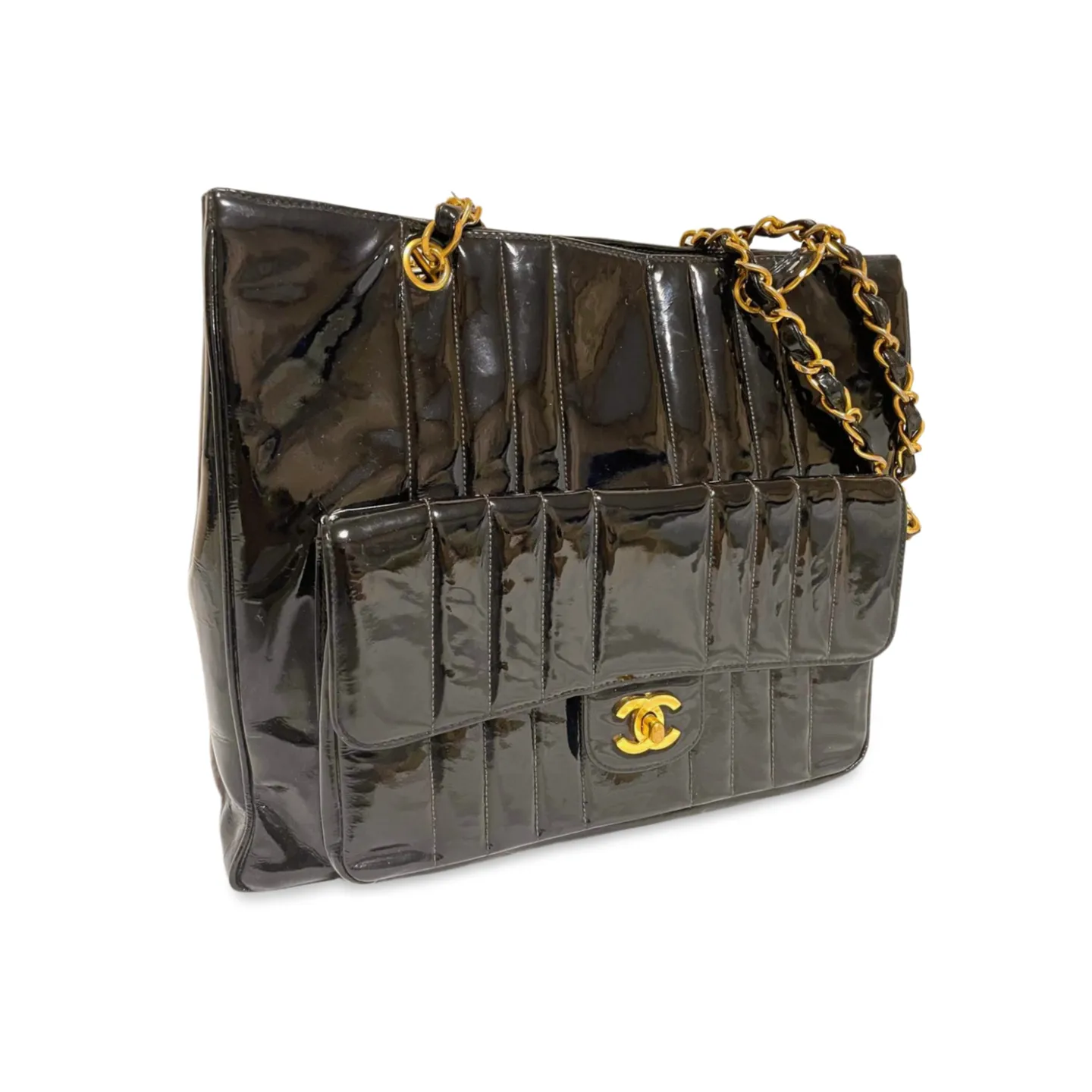 Vintage CHANEL 2.55 combo design black patent enamel chain shoulder bag with vertical stiches and golden CC closure hock. 050815ac2