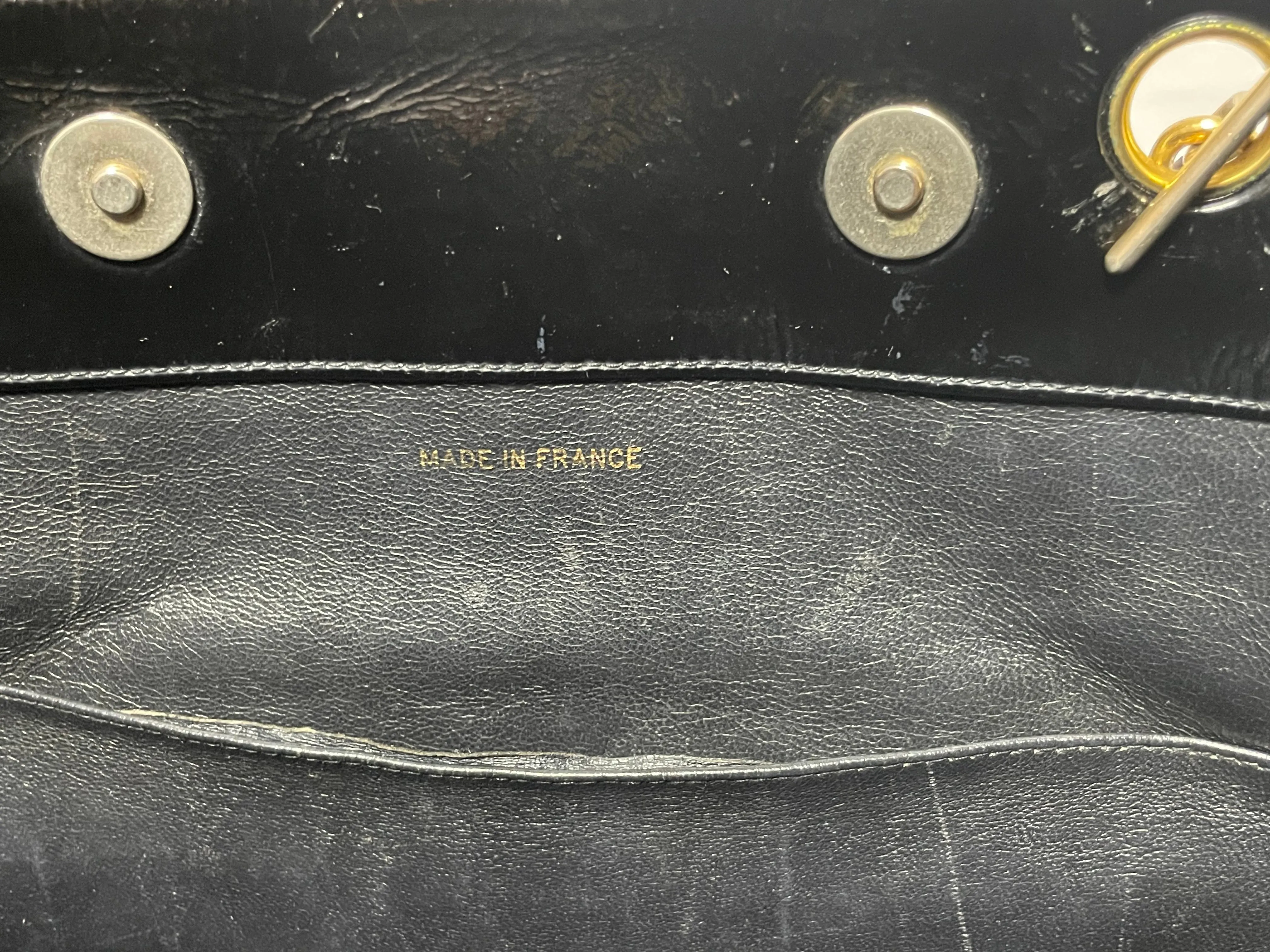 Vintage CHANEL 2.55 combo design black patent enamel chain shoulder bag with vertical stiches and golden CC closure hock. 050815ac2