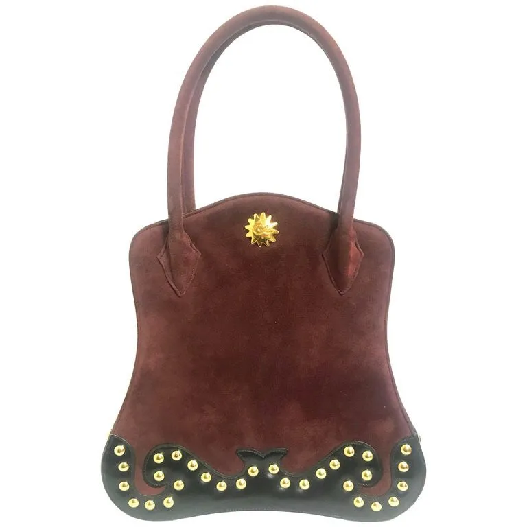 Vintage Christian Lacroix genuine wine brown suede leather sexy feminine shape bag with golden logo motif and studs.  Hot purse. 0602062