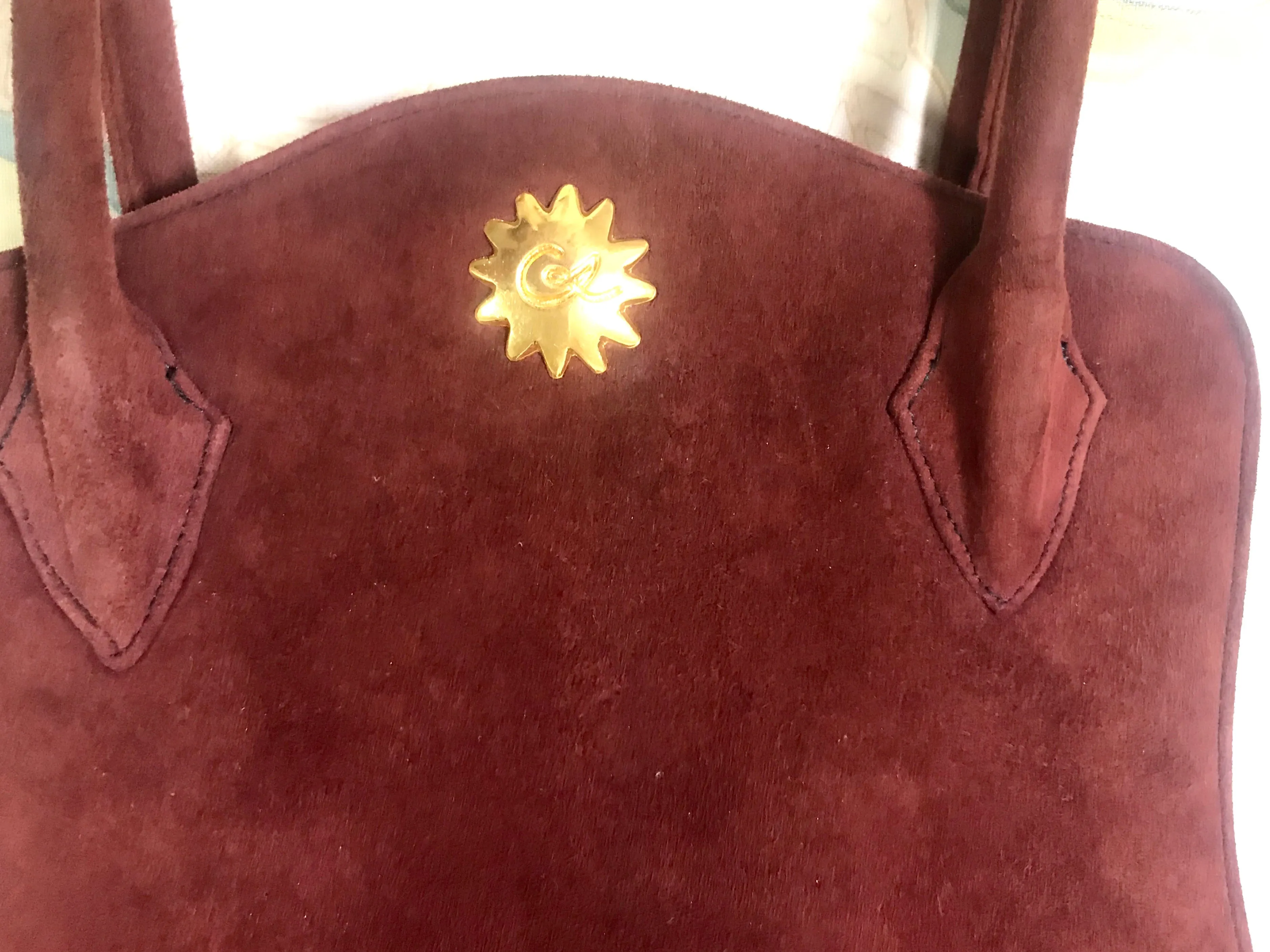 Vintage Christian Lacroix genuine wine brown suede leather sexy feminine shape bag with golden logo motif and studs.  Hot purse. 0602062