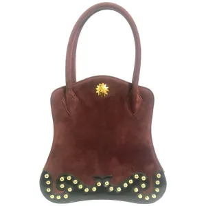 Vintage Christian Lacroix genuine wine brown suede leather sexy feminine shape bag with golden logo motif and studs.  Hot purse. 0602062