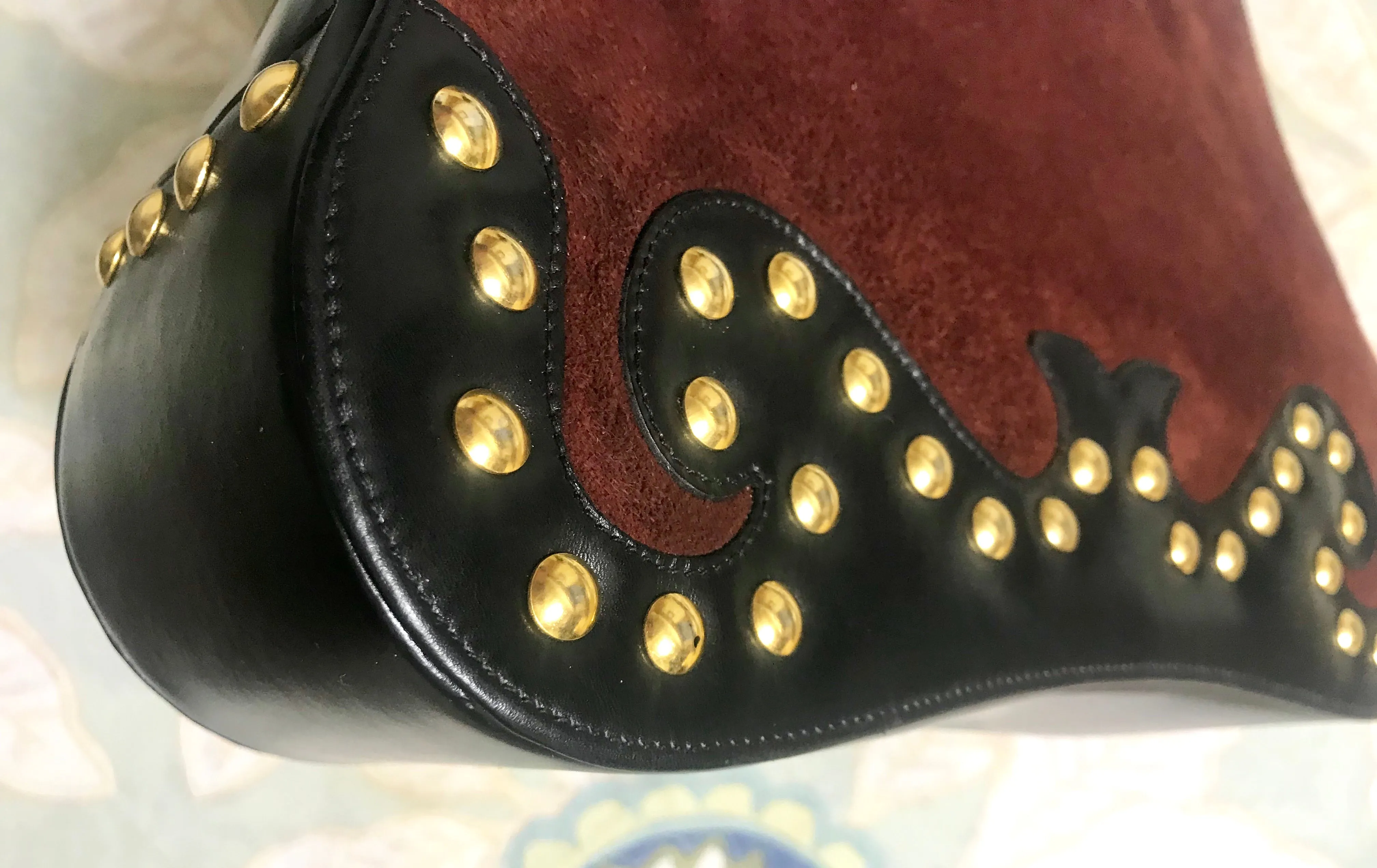 Vintage Christian Lacroix genuine wine brown suede leather sexy feminine shape bag with golden logo motif and studs.  Hot purse. 0602062