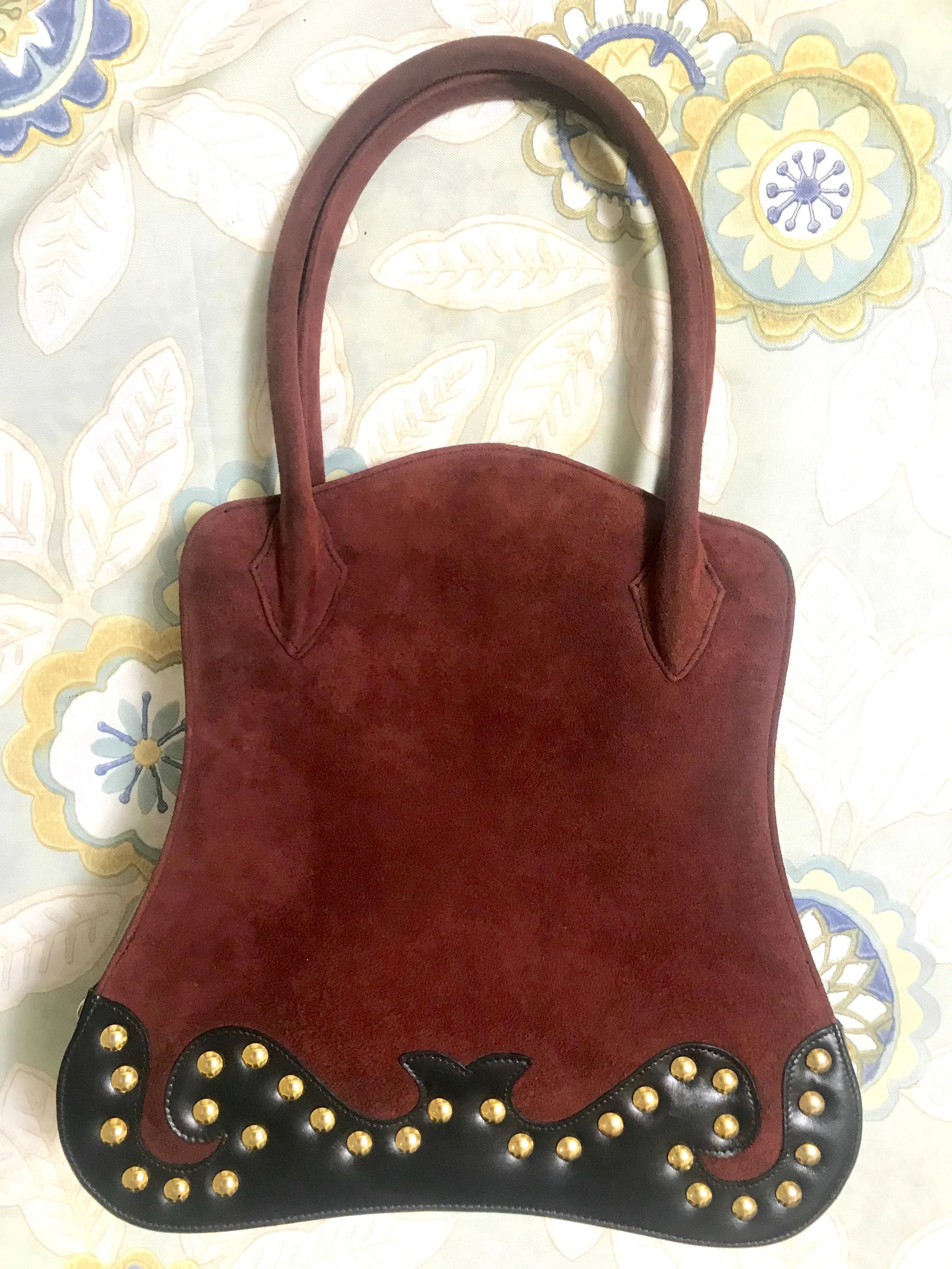 Vintage Christian Lacroix genuine wine brown suede leather sexy feminine shape bag with golden logo motif and studs.  Hot purse. 0602062