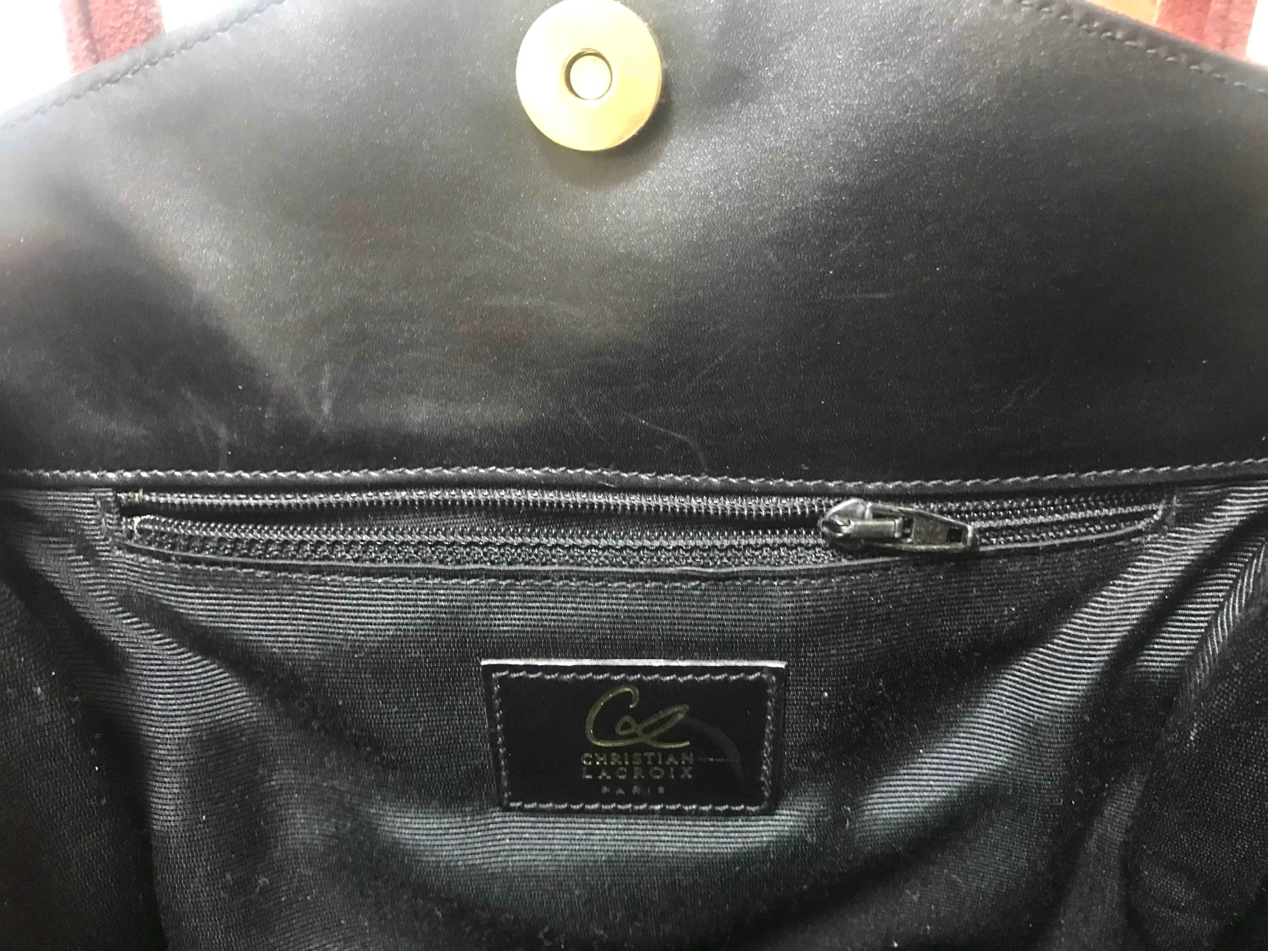 Vintage Christian Lacroix genuine wine brown suede leather sexy feminine shape bag with golden logo motif and studs.  Hot purse. 0602062