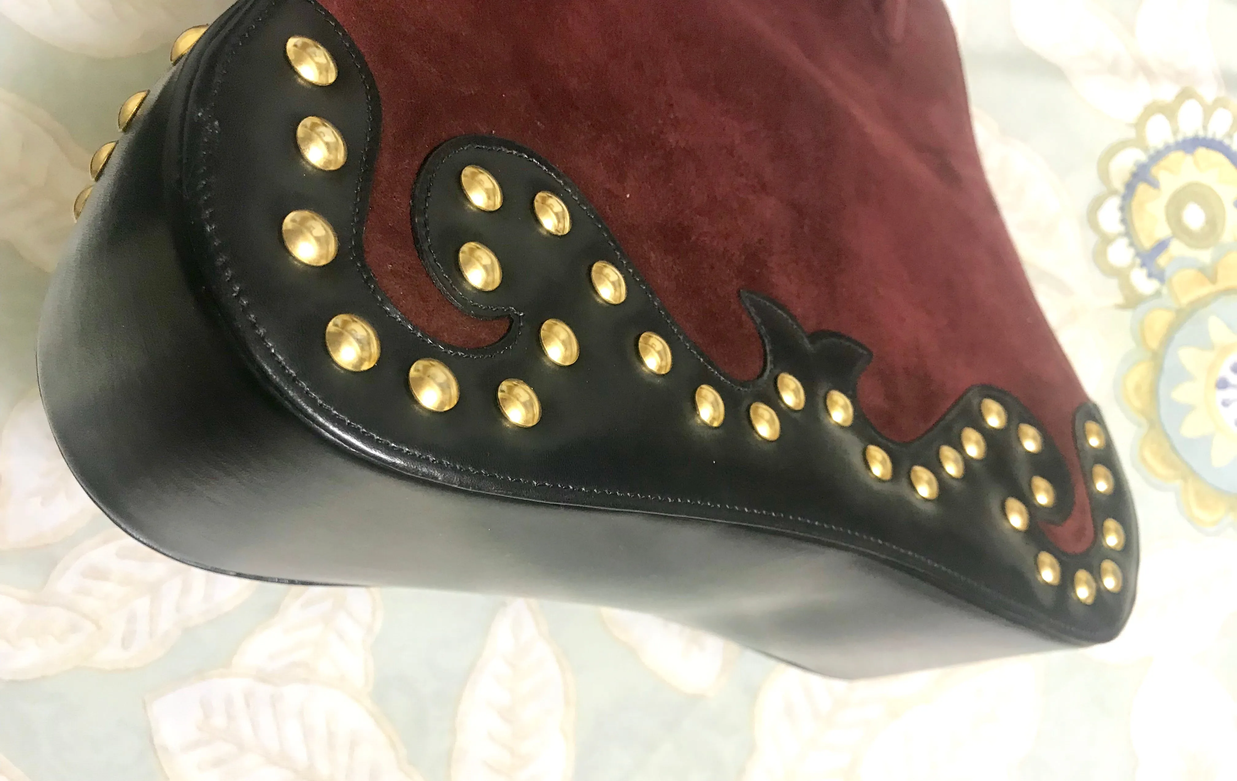 Vintage Christian Lacroix genuine wine brown suede leather sexy feminine shape bag with golden logo motif and studs.  Hot purse. 0602062