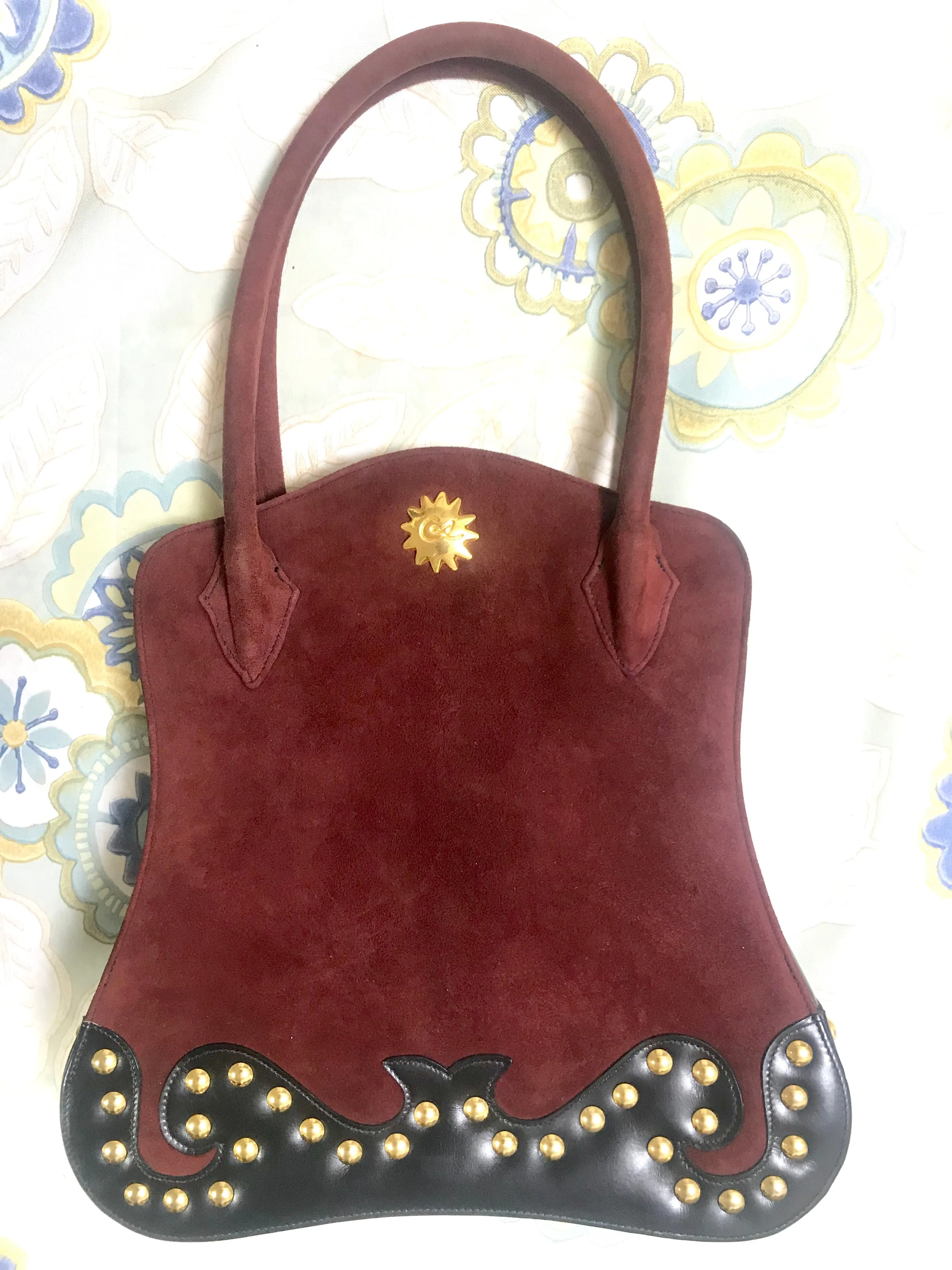 Vintage Christian Lacroix genuine wine brown suede leather sexy feminine shape bag with golden logo motif and studs.  Hot purse. 0602062
