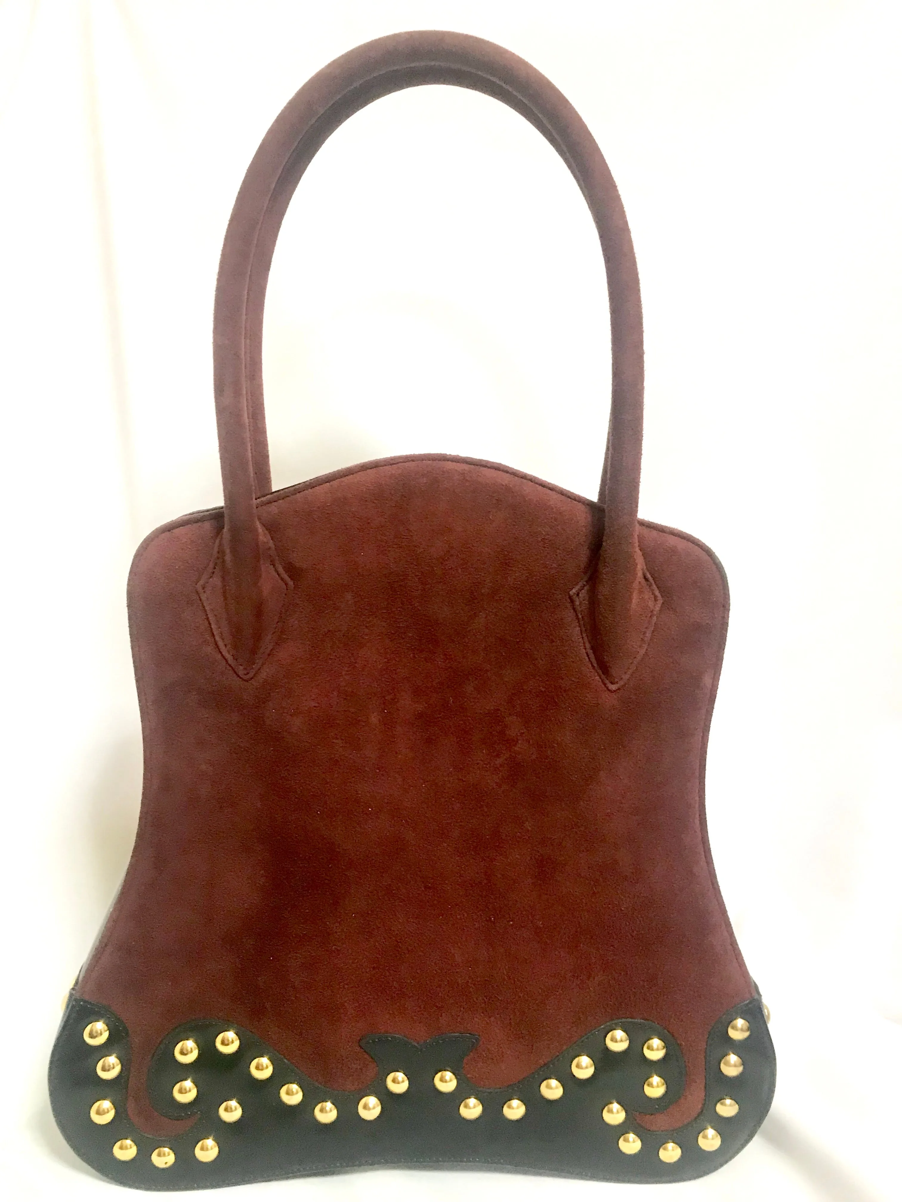 Vintage Christian Lacroix genuine wine brown suede leather sexy feminine shape bag with golden logo motif and studs.  Hot purse. 0602062