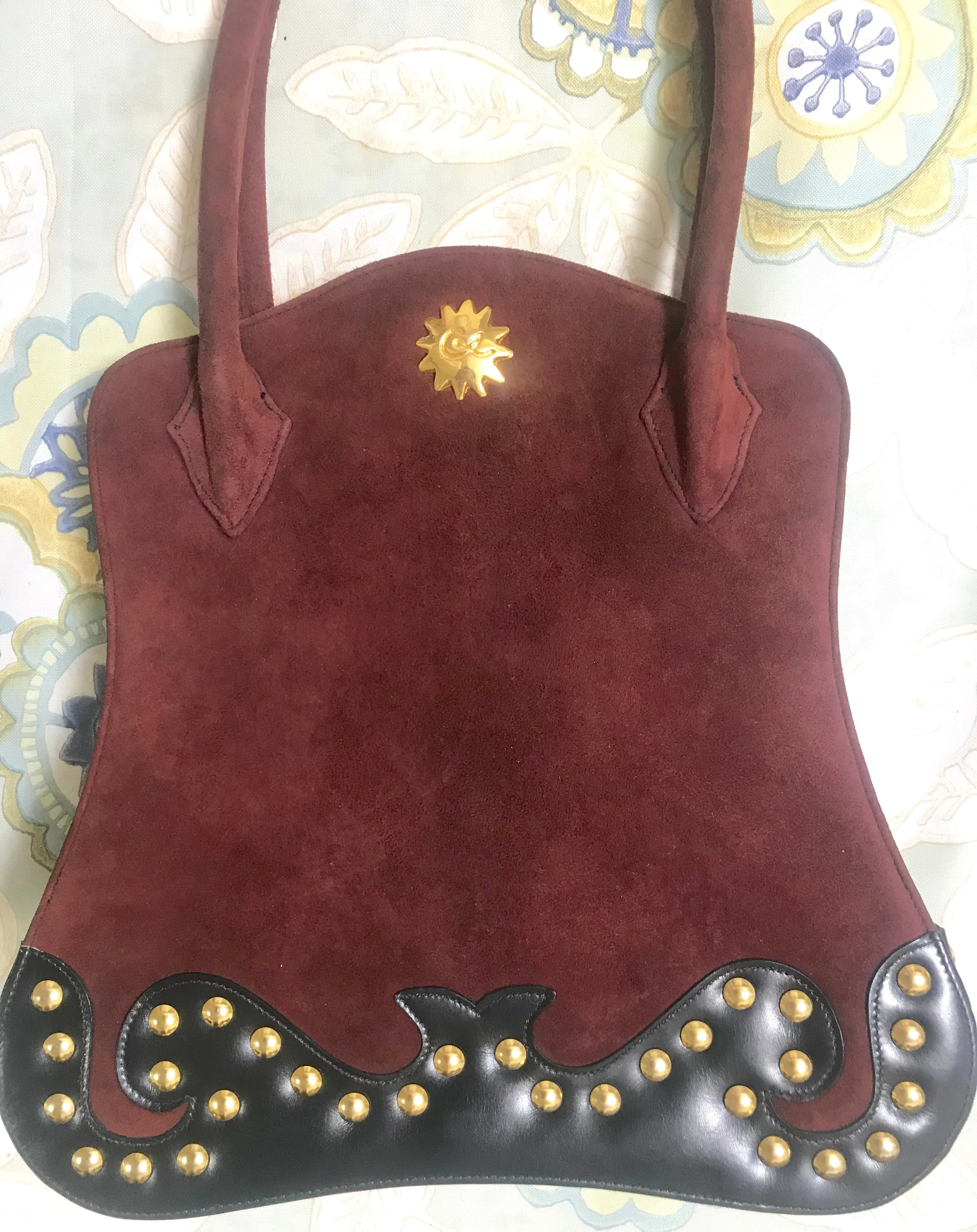 Vintage Christian Lacroix genuine wine brown suede leather sexy feminine shape bag with golden logo motif and studs.  Hot purse. 0602062