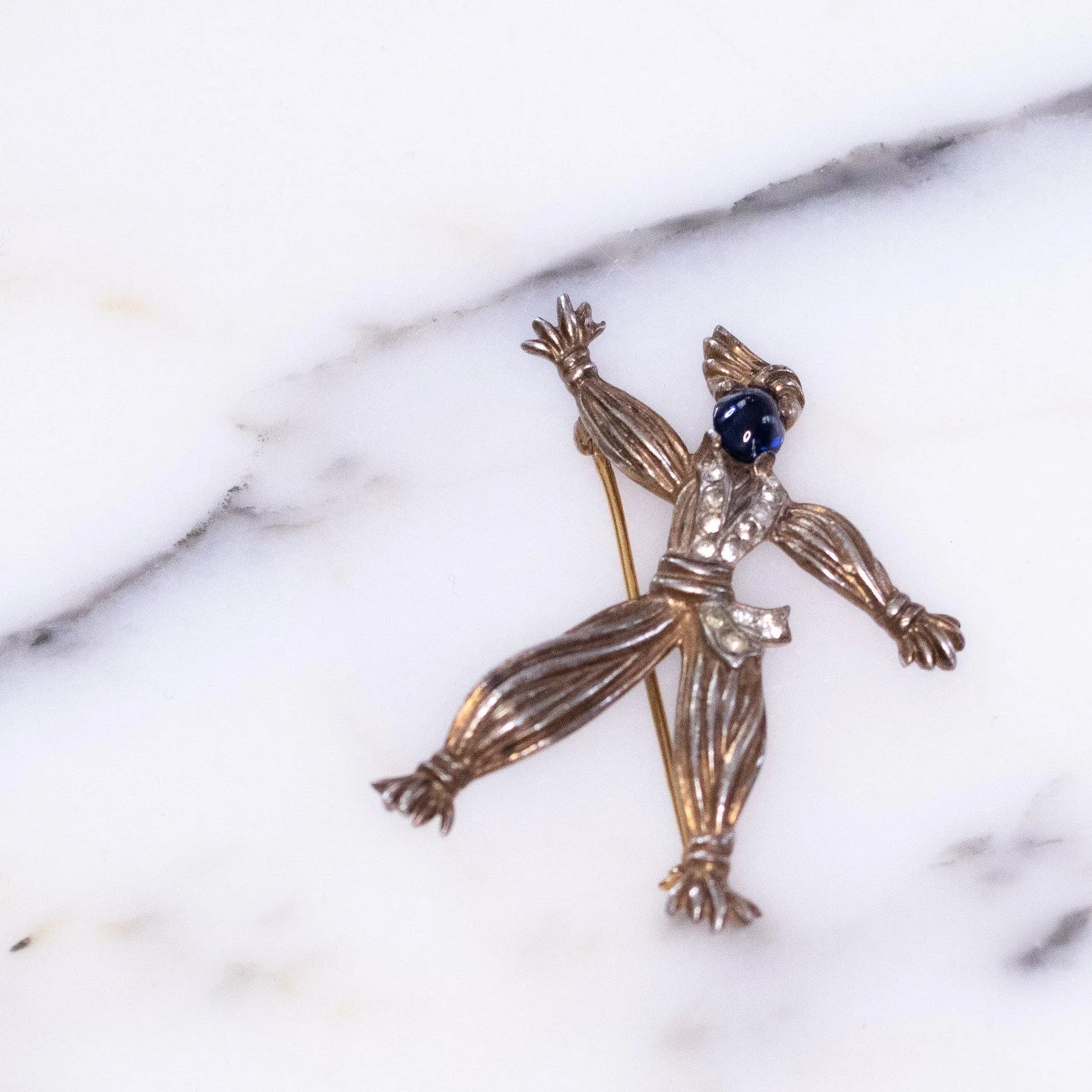 Vintage Crown Trifari Sterling Silver Rag Doll with Sapphire Blue Cabochon Face and Diamante Crystal Accents