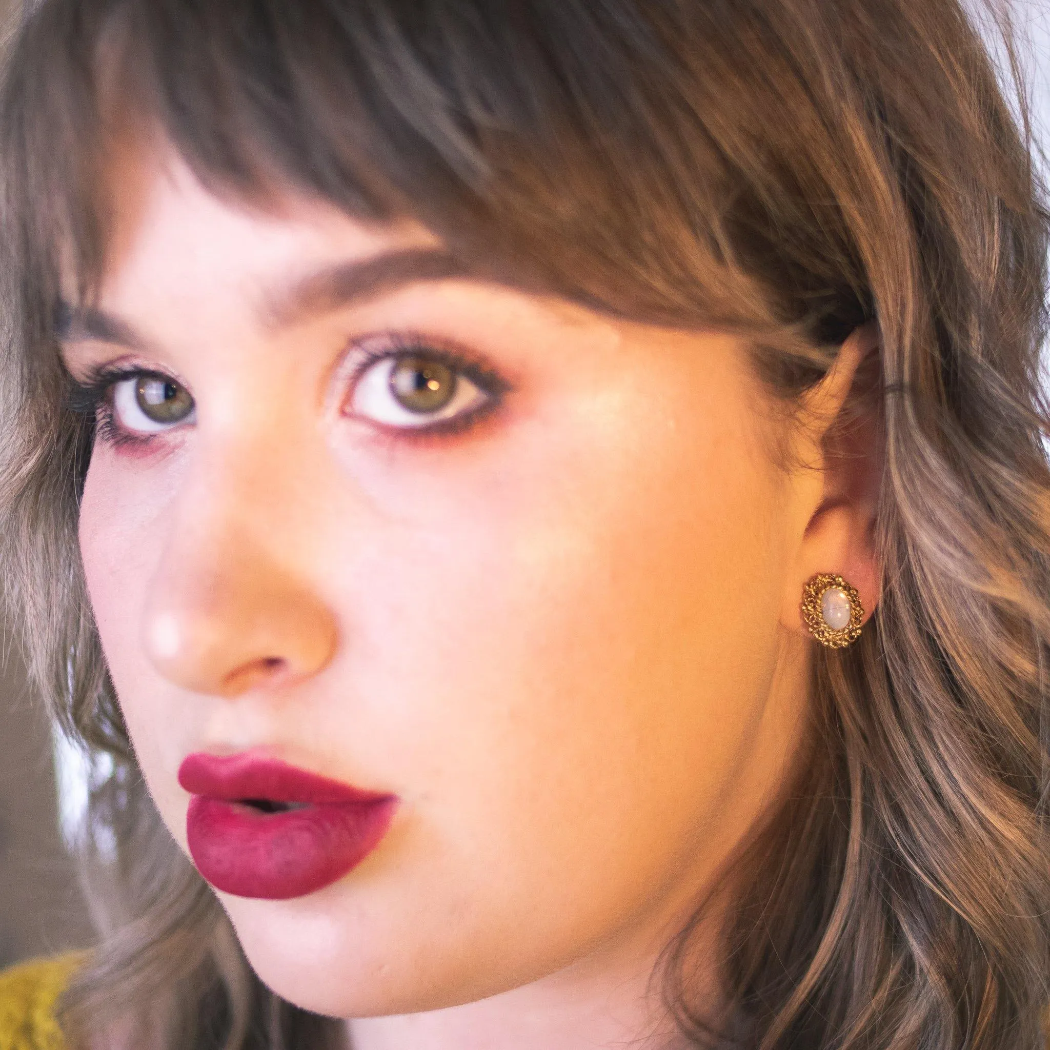 Vintage Dainty Opaline Glass Earrings with Gold Tone Setting