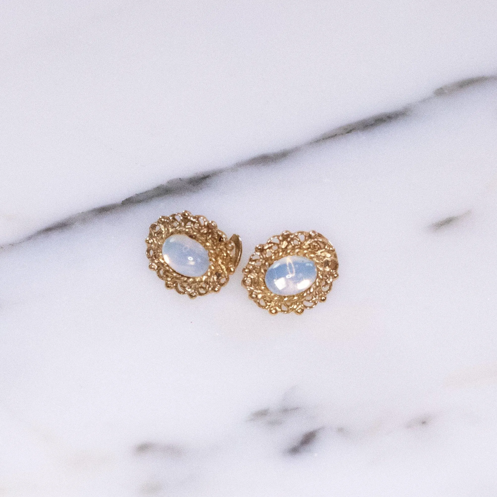 Vintage Dainty Opaline Glass Earrings with Gold Tone Setting
