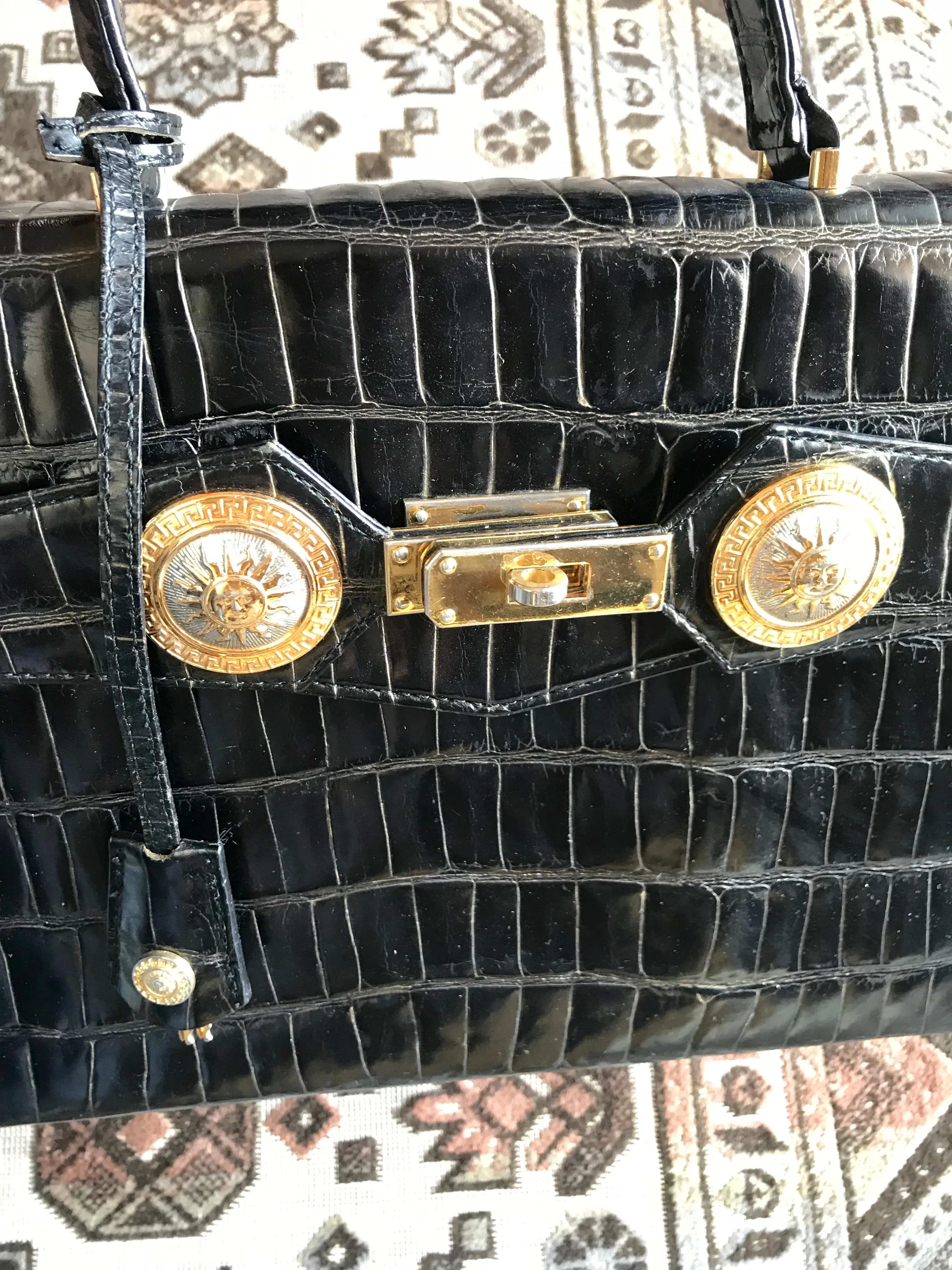 Vintage Gianni Versace black croc embossed leather Kelly style bag with Medallion Sunburst motifs. Gorgeous masterpiece. 050816f1