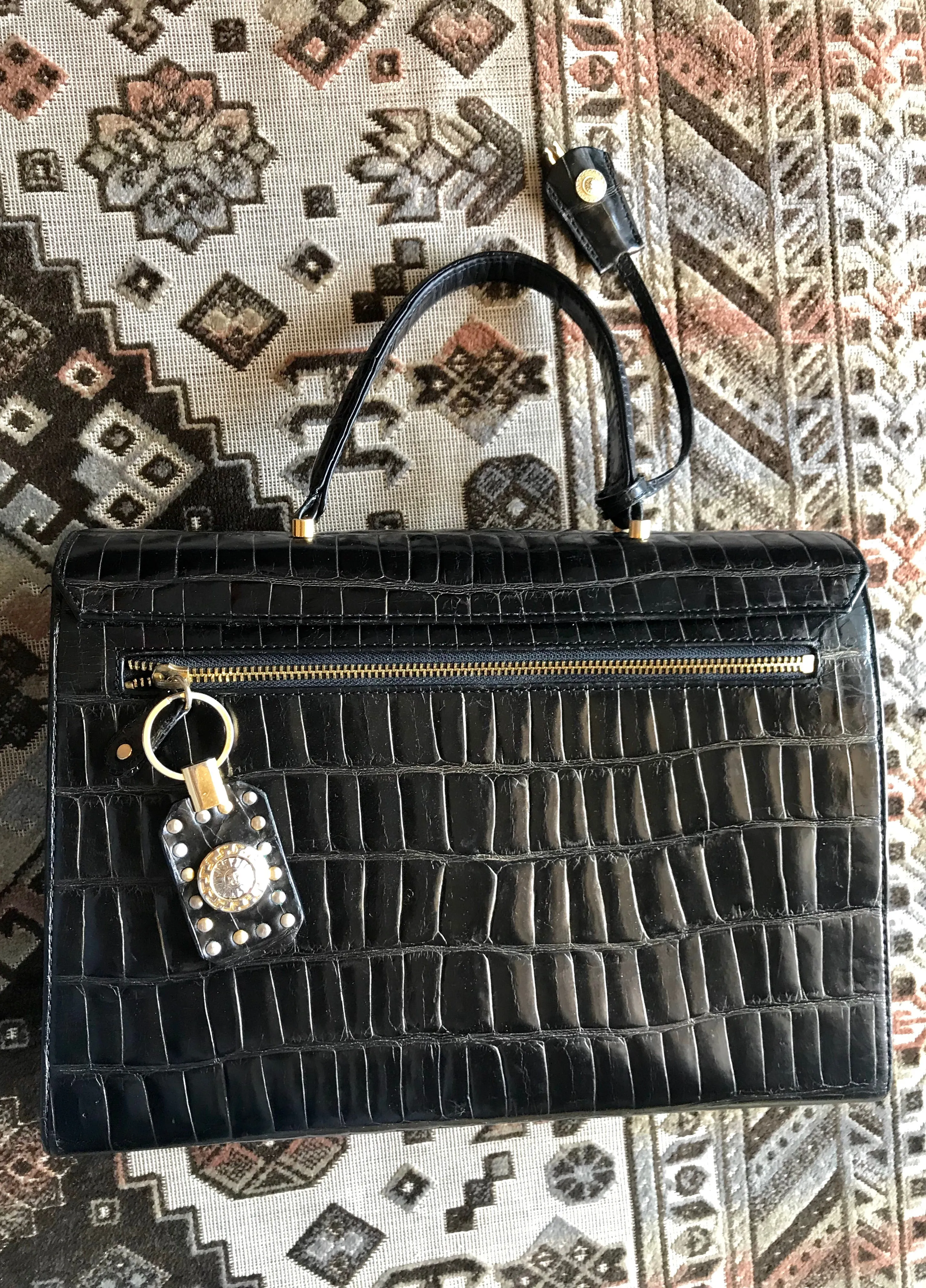 Vintage Gianni Versace black croc embossed leather Kelly style bag with Medallion Sunburst motifs. Gorgeous masterpiece. 050816f1