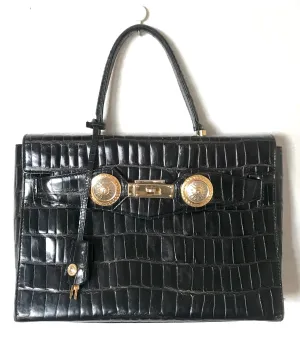 Vintage Gianni Versace black croc embossed leather Kelly style bag with Medallion Sunburst motifs. Gorgeous masterpiece. 050816f1