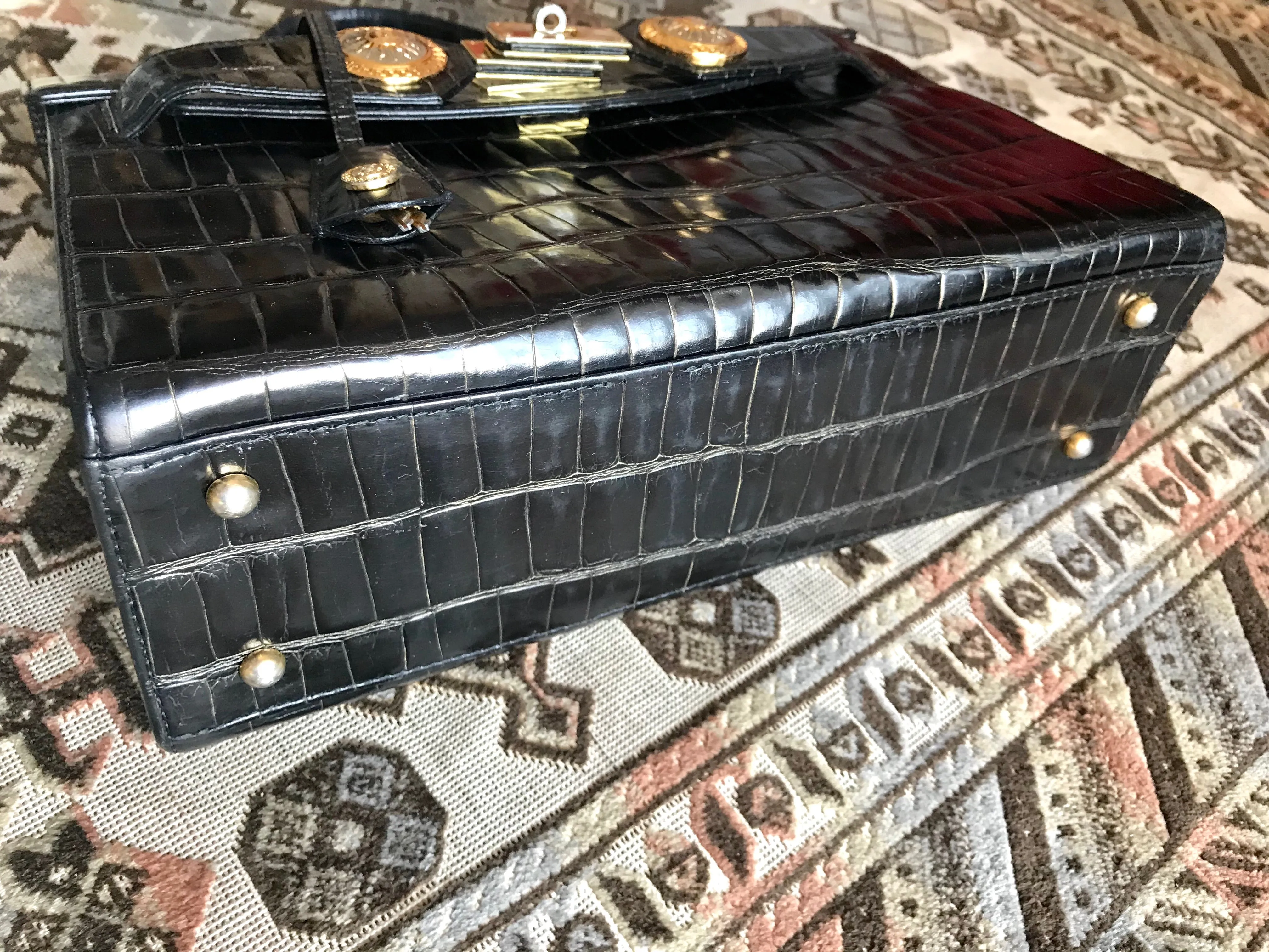 Vintage Gianni Versace black croc embossed leather Kelly style bag with Medallion Sunburst motifs. Gorgeous masterpiece. 050816f1