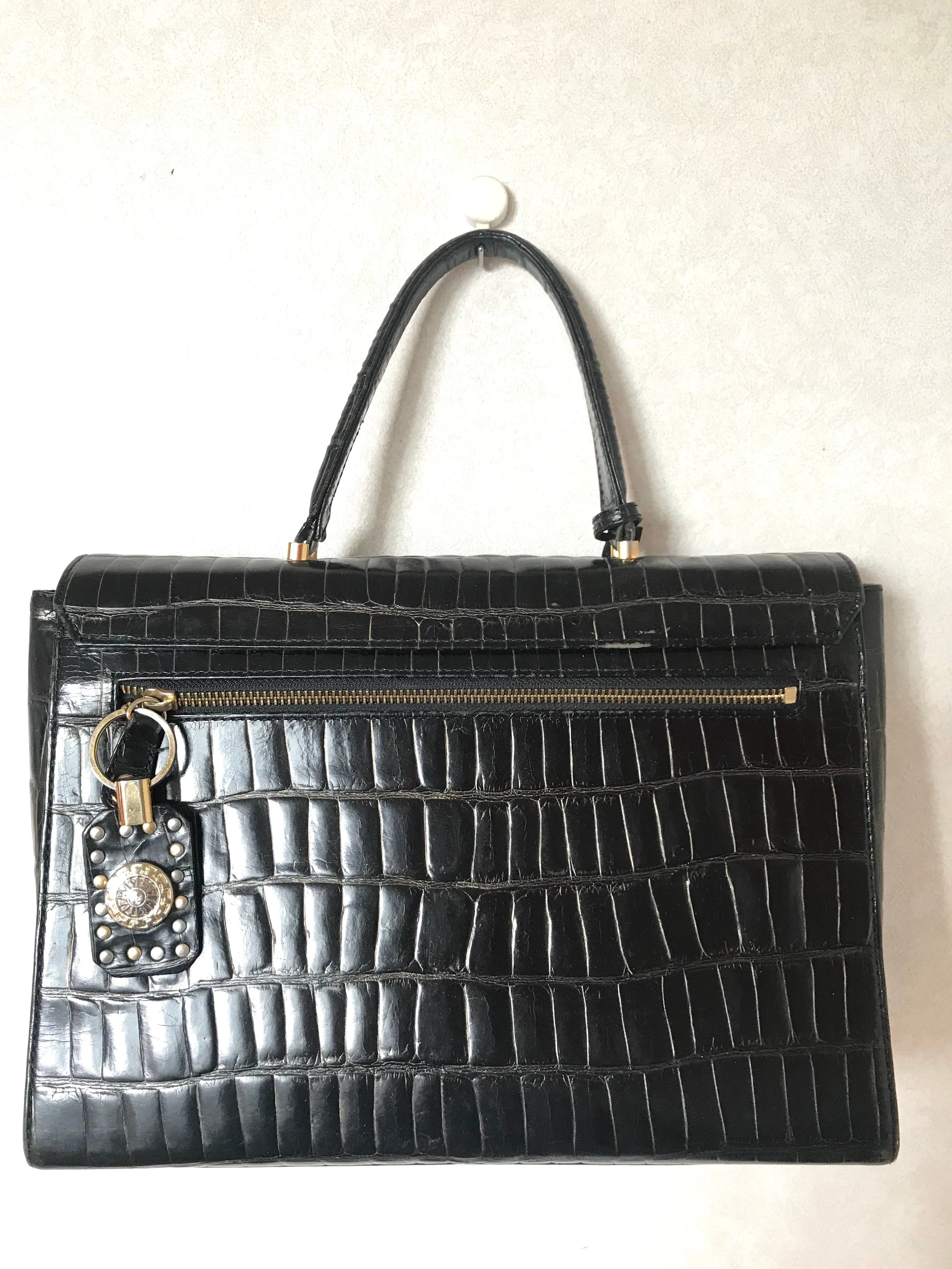 Vintage Gianni Versace black croc embossed leather Kelly style bag with Medallion Sunburst motifs. Gorgeous masterpiece. 050816f1