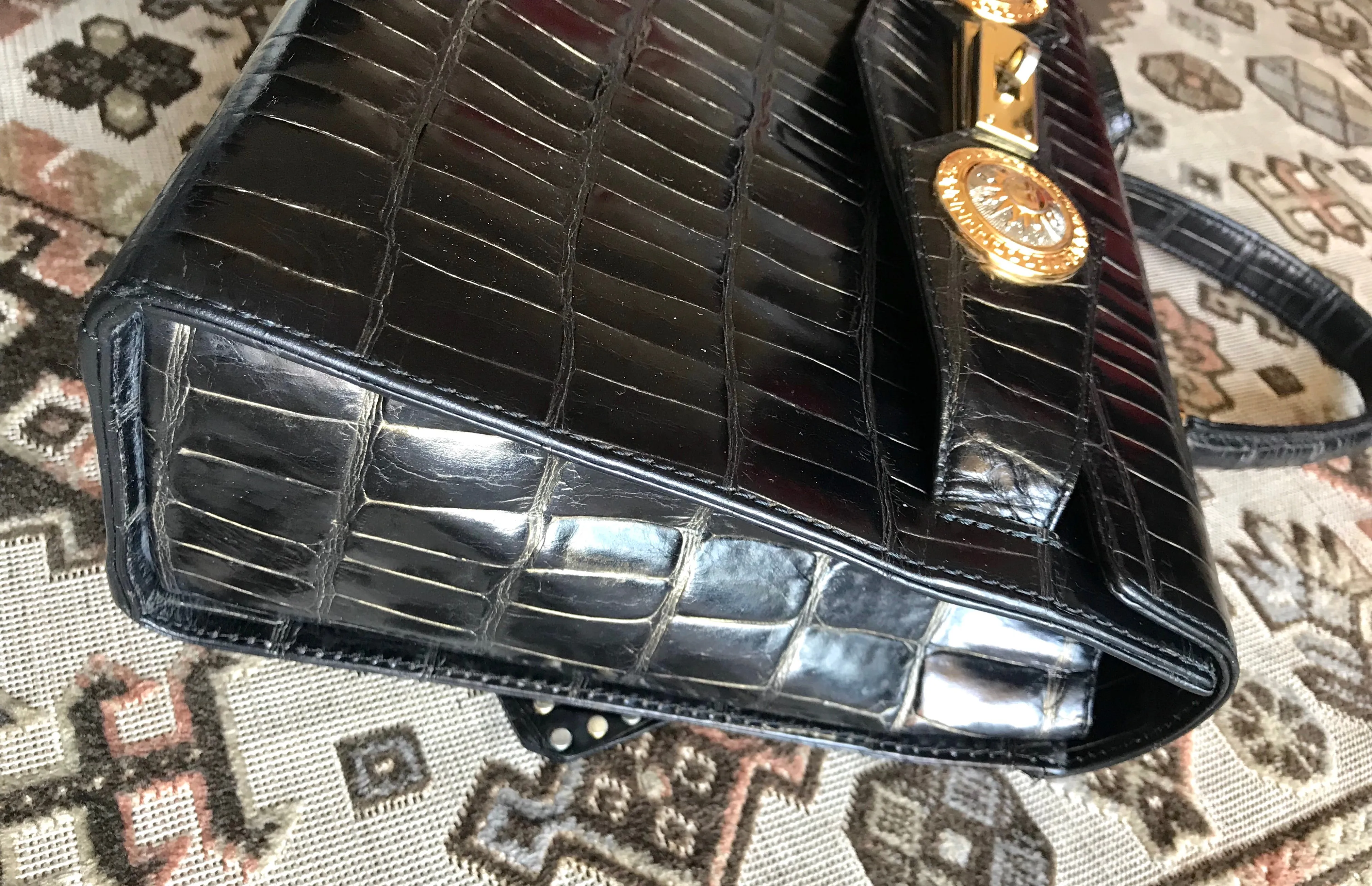 Vintage Gianni Versace black croc embossed leather Kelly style bag with Medallion Sunburst motifs. Gorgeous masterpiece. 050816f1