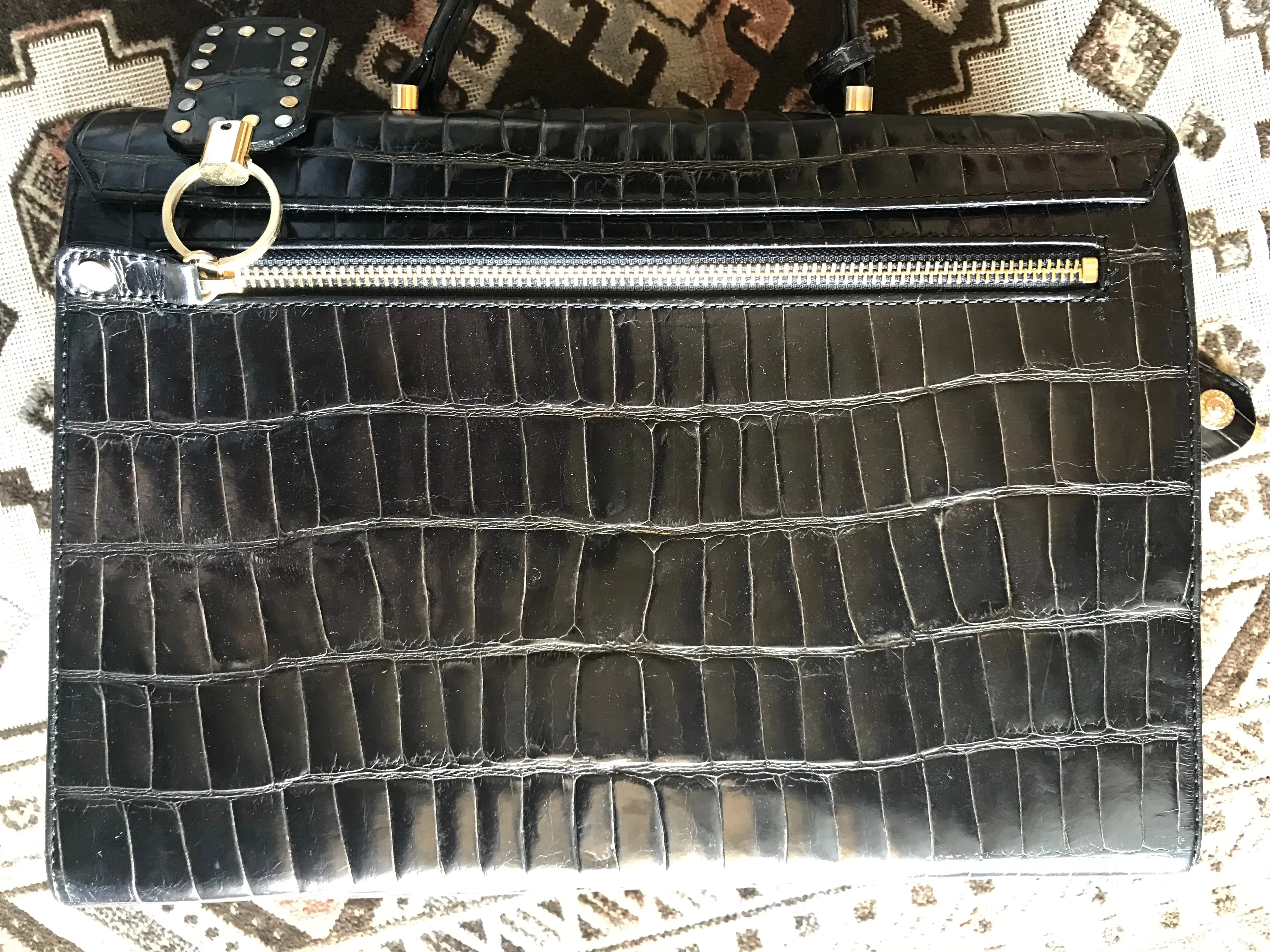Vintage Gianni Versace black croc embossed leather Kelly style bag with Medallion Sunburst motifs. Gorgeous masterpiece. 050816f1