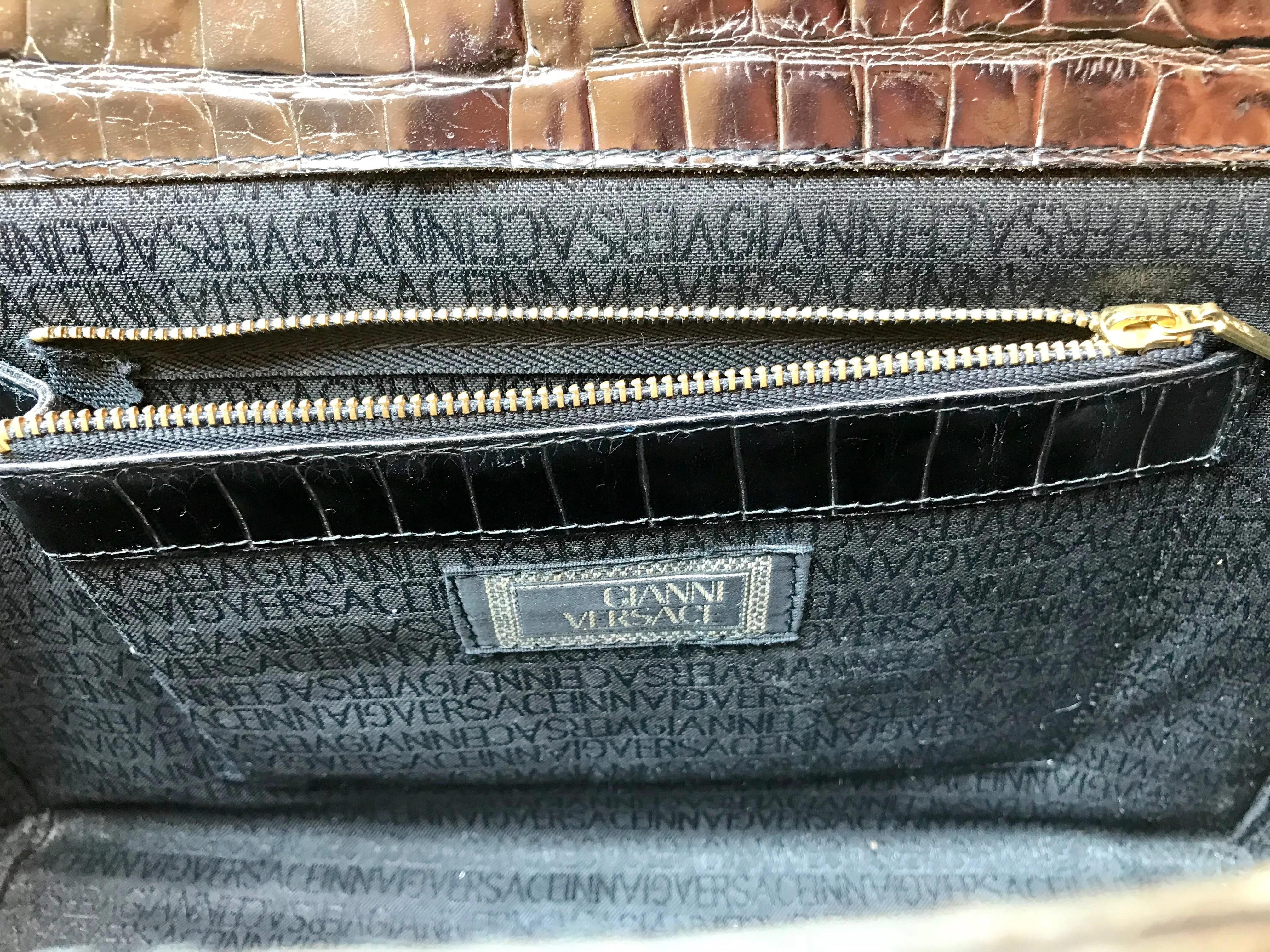Vintage Gianni Versace black croc embossed leather Kelly style bag with Medallion Sunburst motifs. Gorgeous masterpiece. 050816f1